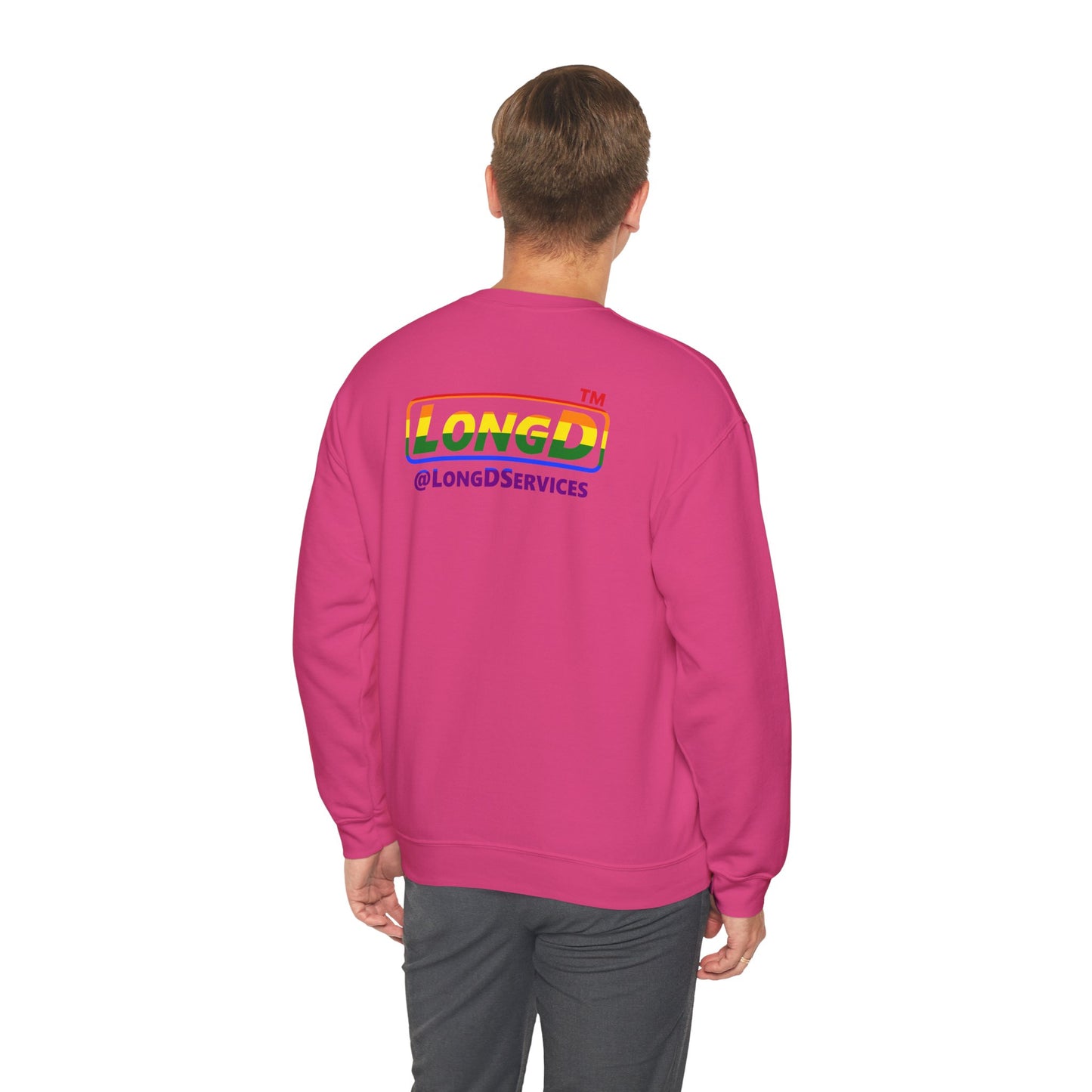 I Luv LongD positive horizontal striped front-back Chicago logo crewneck sweatshirt (Pride colors)
