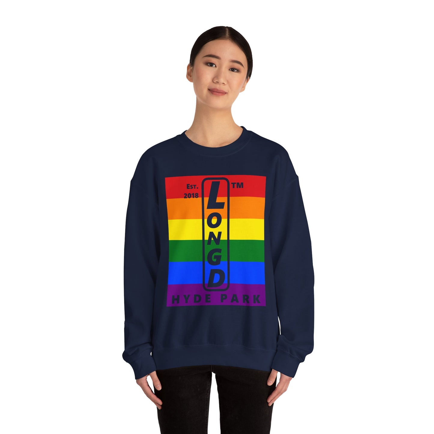 LongD negative horizontal 6-striped Hyde Park upright logo crewneck sweatshirt (Pride colors)