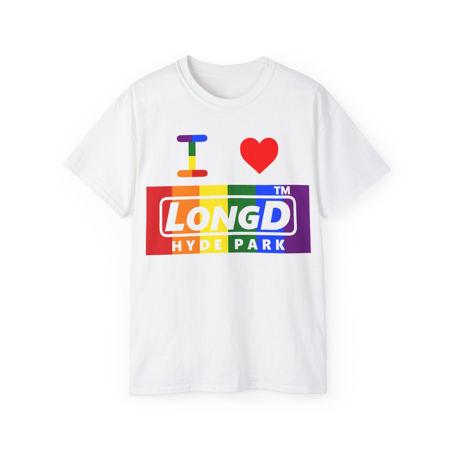 I Luv LongD negative vertical striped Hyde Park logo cotton tee (Pride colors)