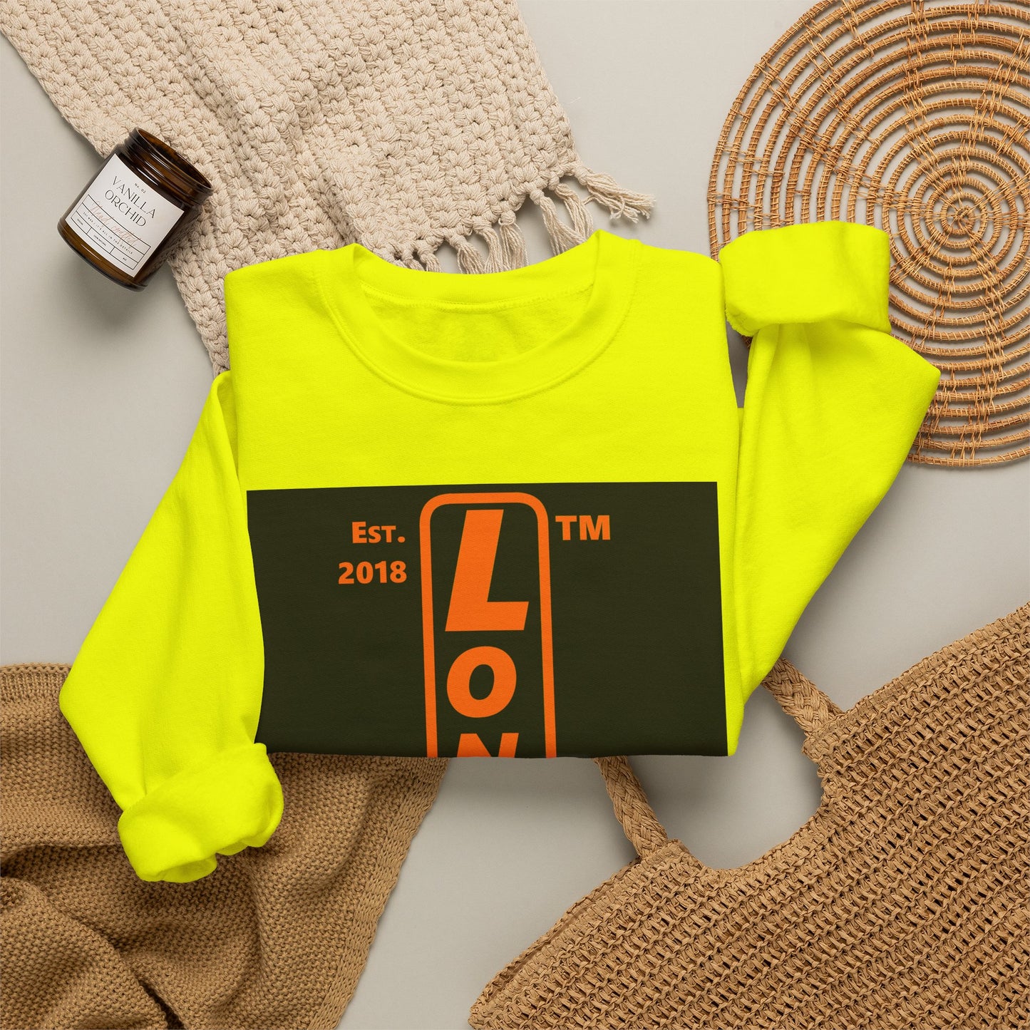 LongD Tag-domain upright front-back logo orange (FE7518) on Black (000000) crewneck sweatshirt