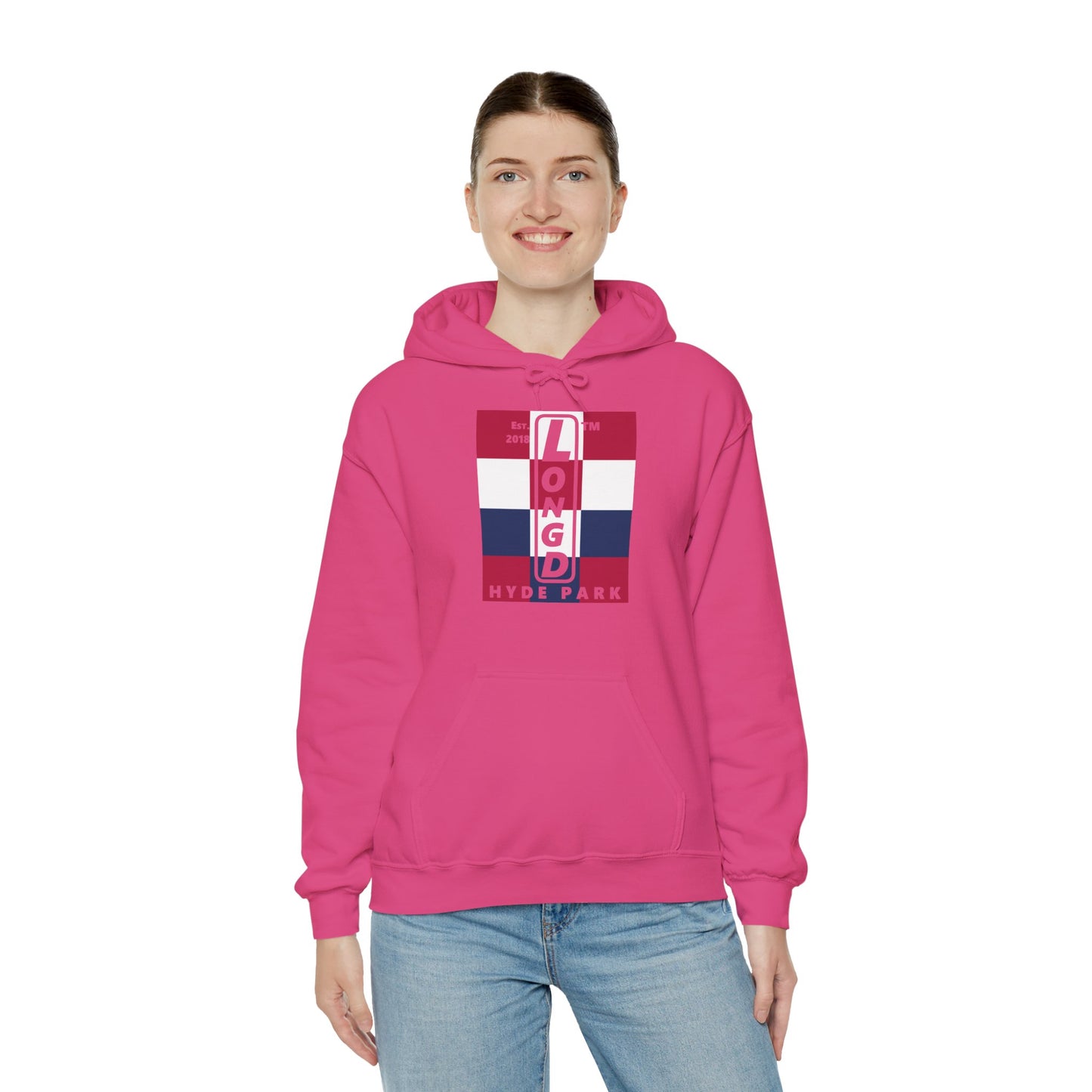 LongD® negative 4x3 upright Hyde Park logo hoodie (Patriotic colors)