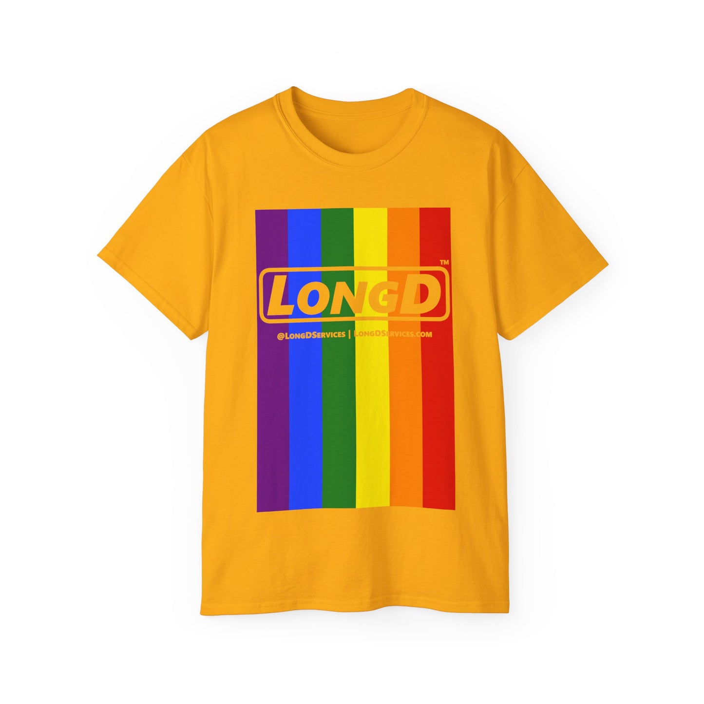 LongD® Logo Cotton Tee Pride rainbow vertical flag negative text