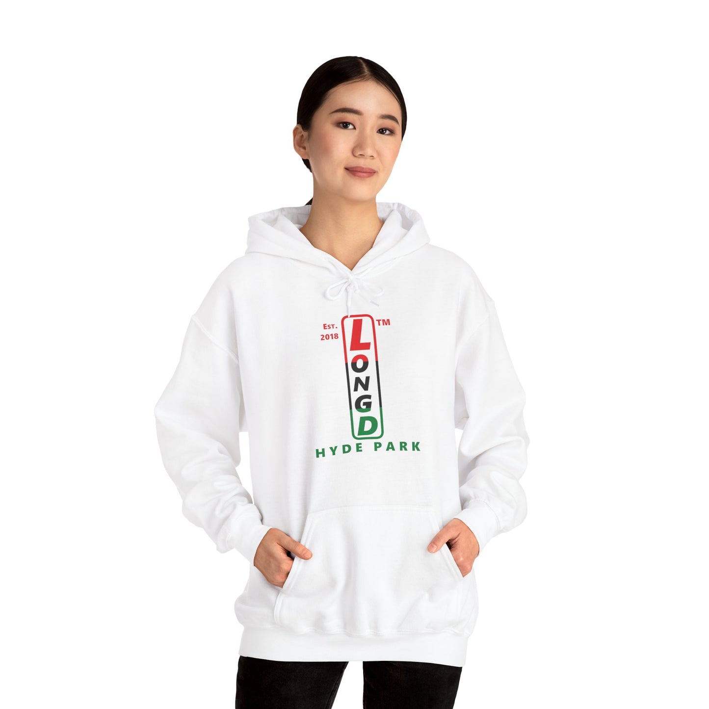 LongD® positive horizontal 3-striped upright Hyde Park logo hoodie (Juneteenth colors)