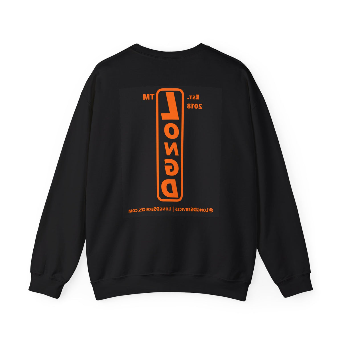 LongD Tag-domain upright front-back logo orange (FE7518) on Black (000000) crewneck sweatshirt