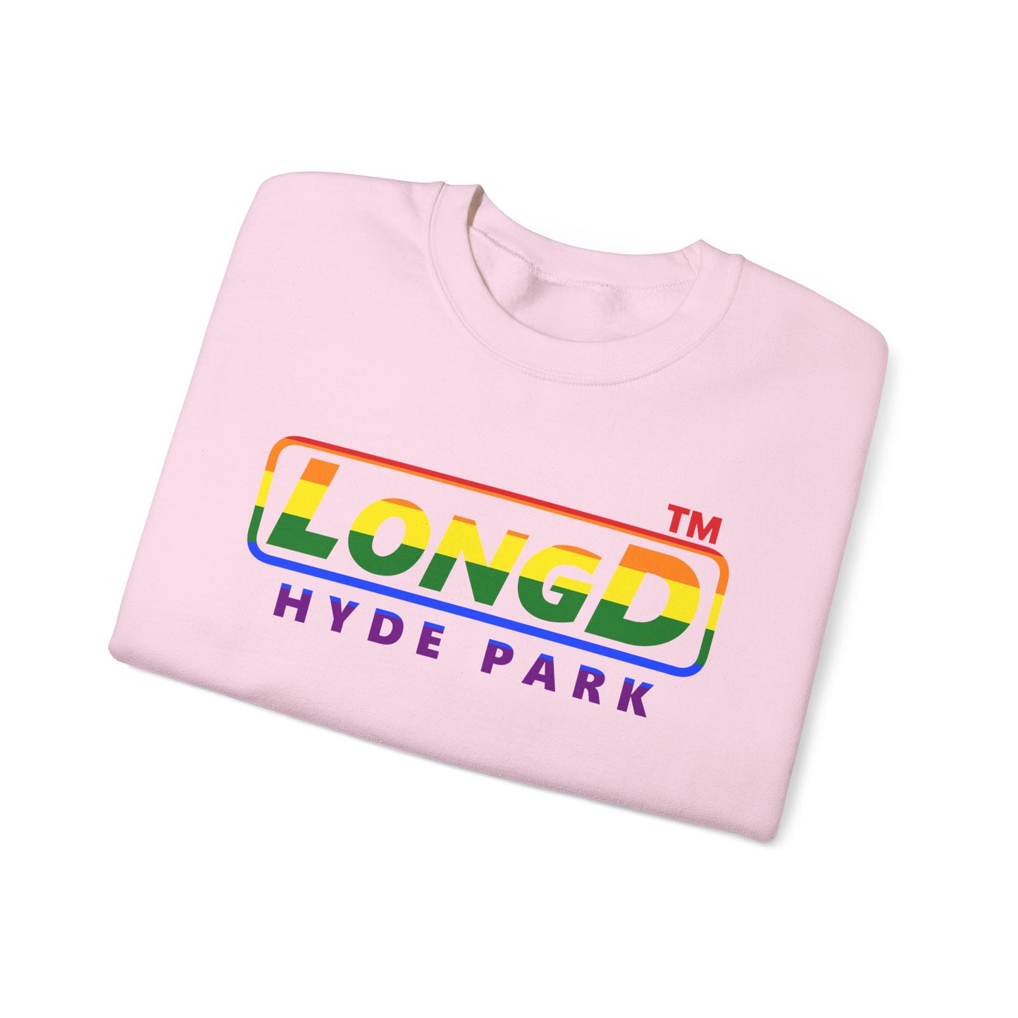 LongD positive horizontal striped Hyde Park logo crewneck sweatshirt (Pride colors)