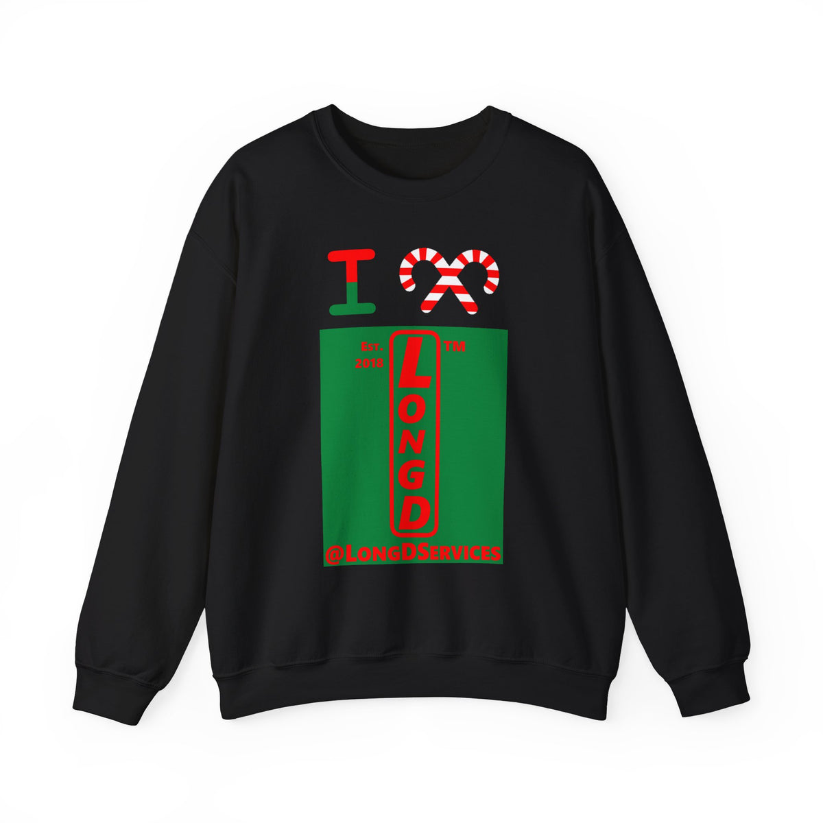 I candy cane LongD Tag upright front-back logo positive red on negative green crewneck sweatshirt