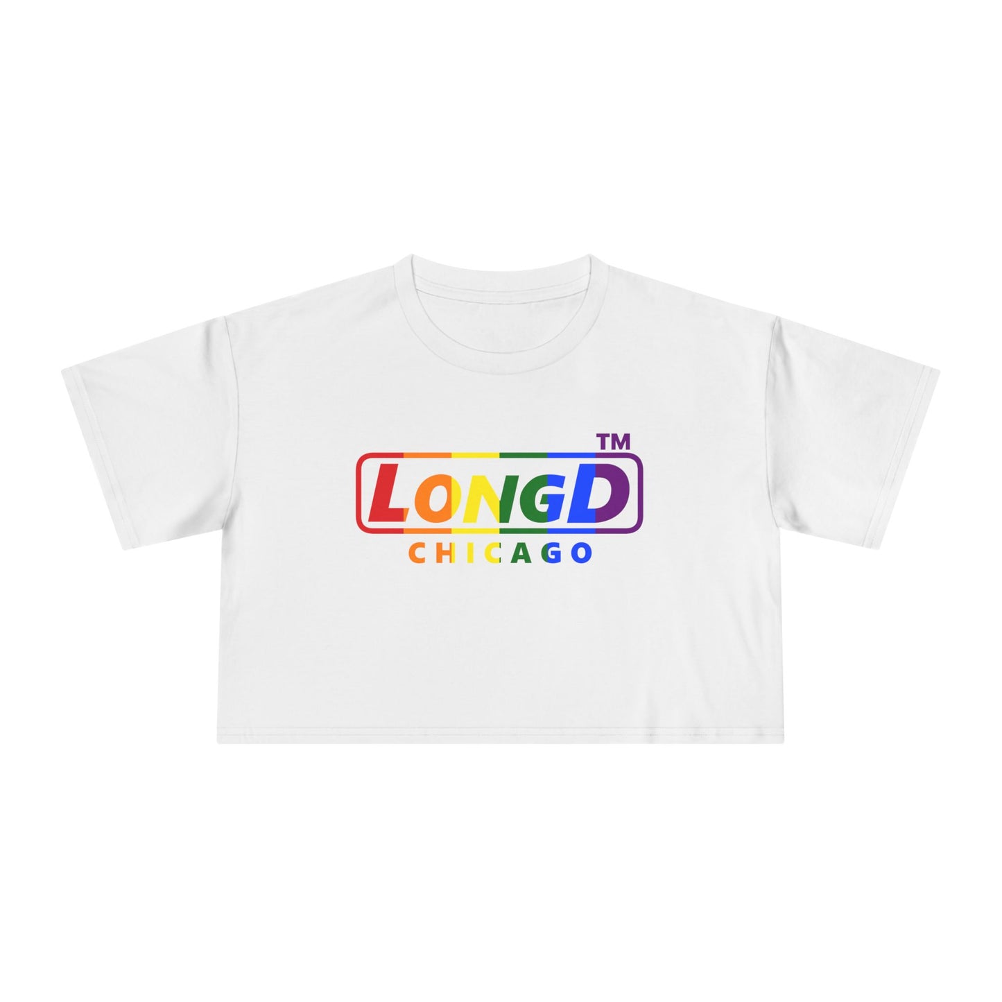 LongD positive vertical 6-striped front-back Chicago logo crop tee (Pride colors)