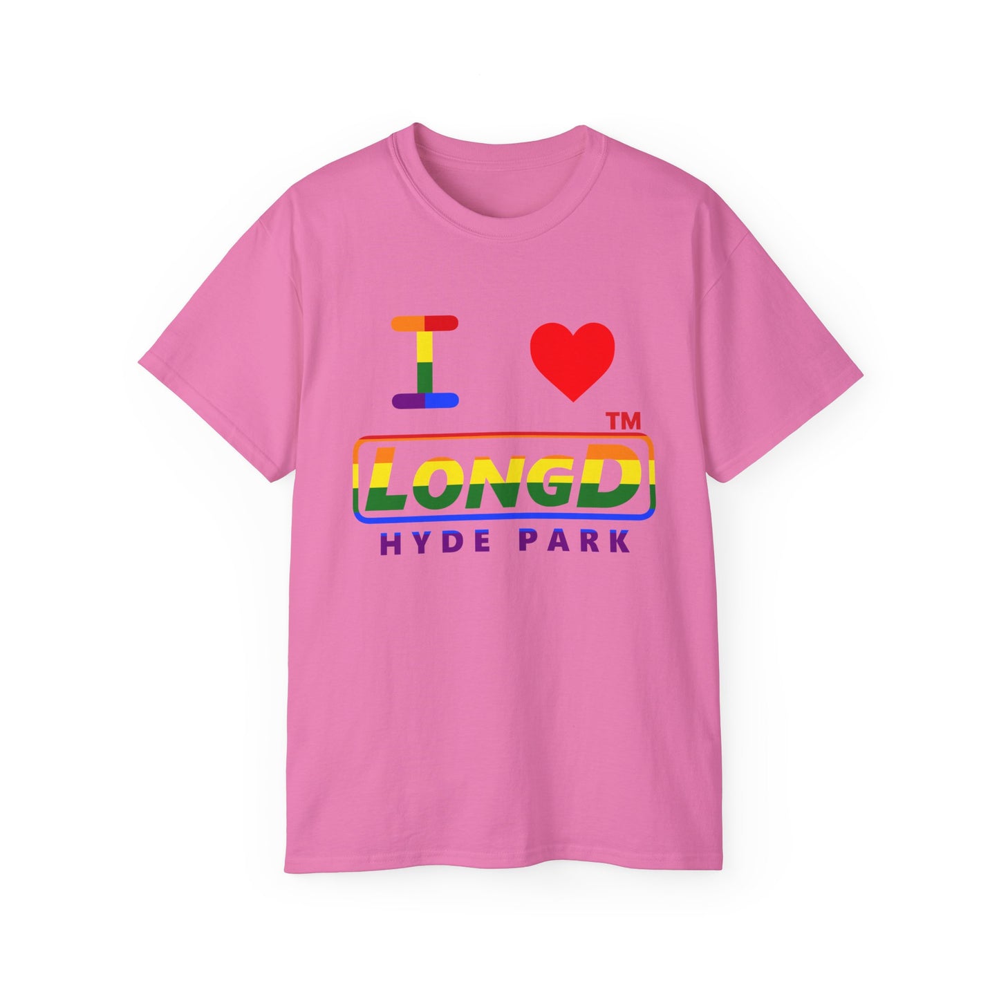 I Luv LongD positive horizontal striped Hyde Park logo cotton tee (Pride colors)