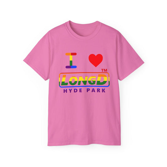 I Luv LongD positive horizontal striped Hyde Park logo cotton tee (Pride colors)