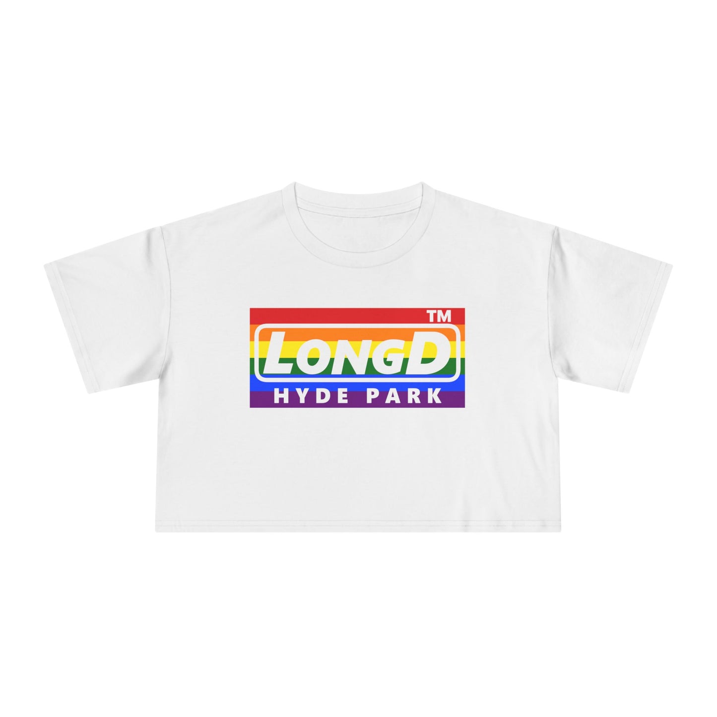 LongD negative horizontal 6-striped Hyde Park logo crop tee (Pride colors)