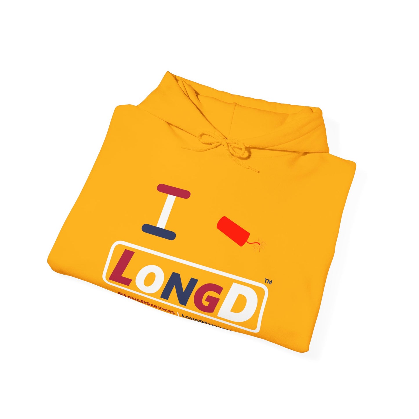 I Firecracker LongD® Logo Hoodie red, white and blue varied positive elements