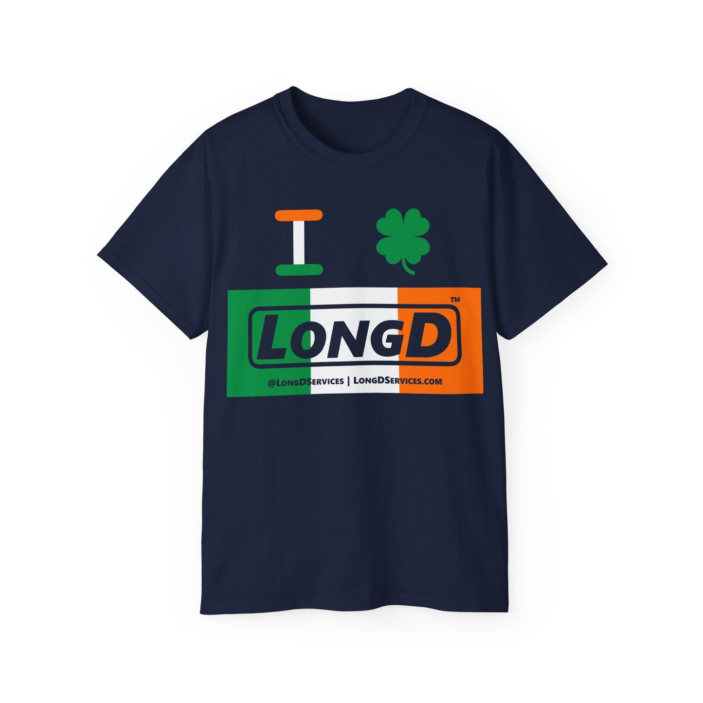 I Clover LongD® Logo Cotton Tee (St. Patrick's Day -Irish Green, White and Irish Orange negative thirds with 4-leaf clover)