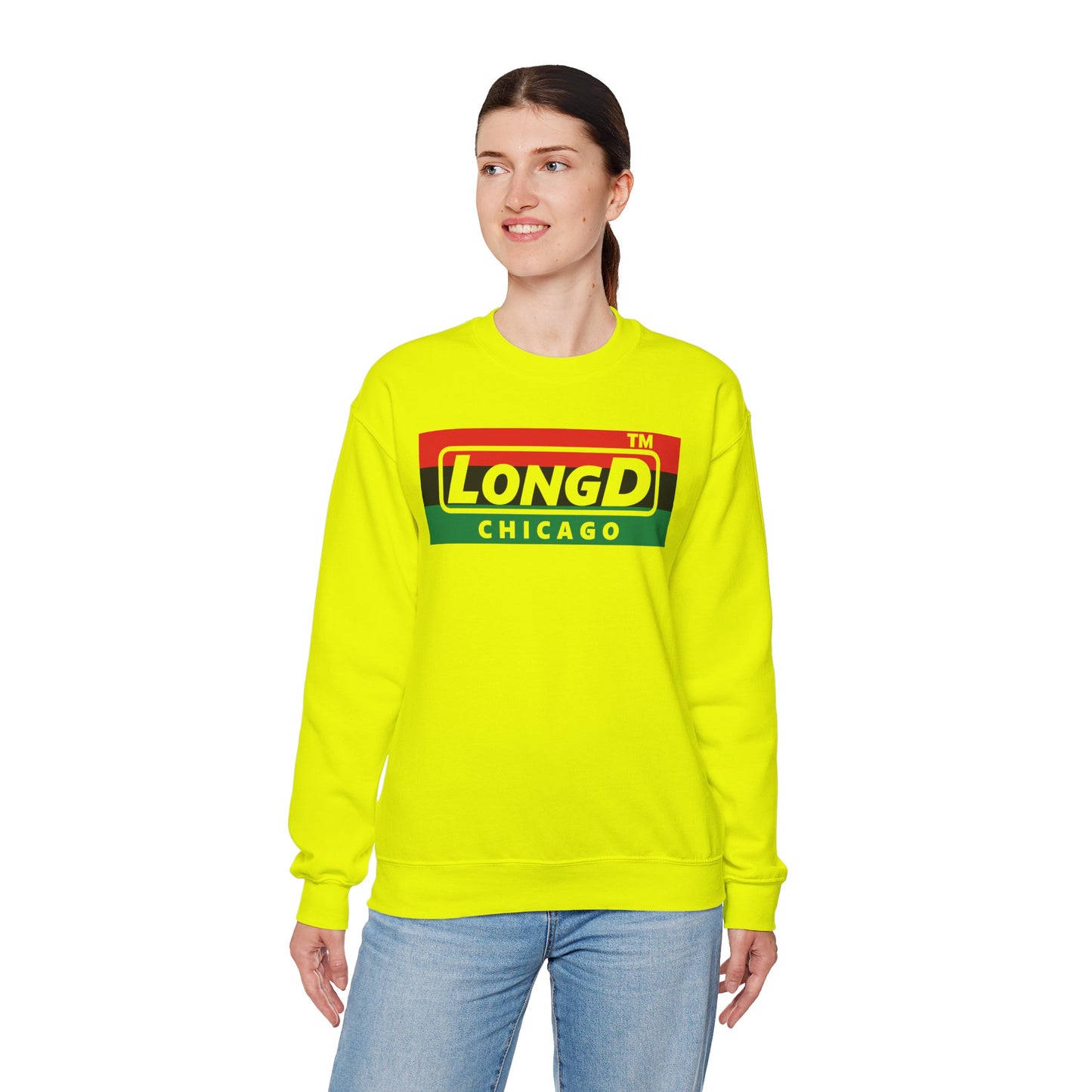 LongD negative horizontal 3-striped Chicago logo crewneck sweatshirt (Juneteenth colors)