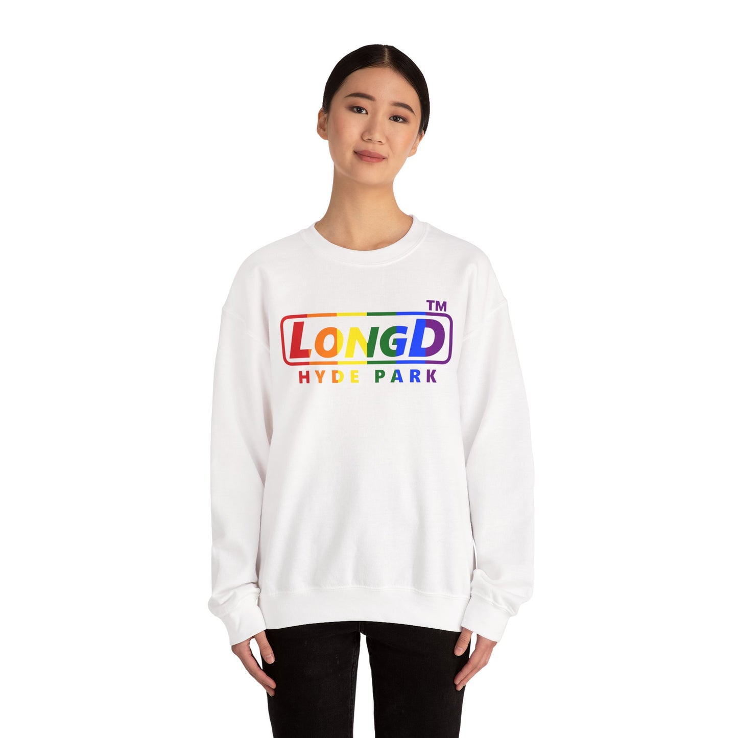 LongD positive vertical striped Hyde Park logo crewneck sweatshirt (Pride colors)