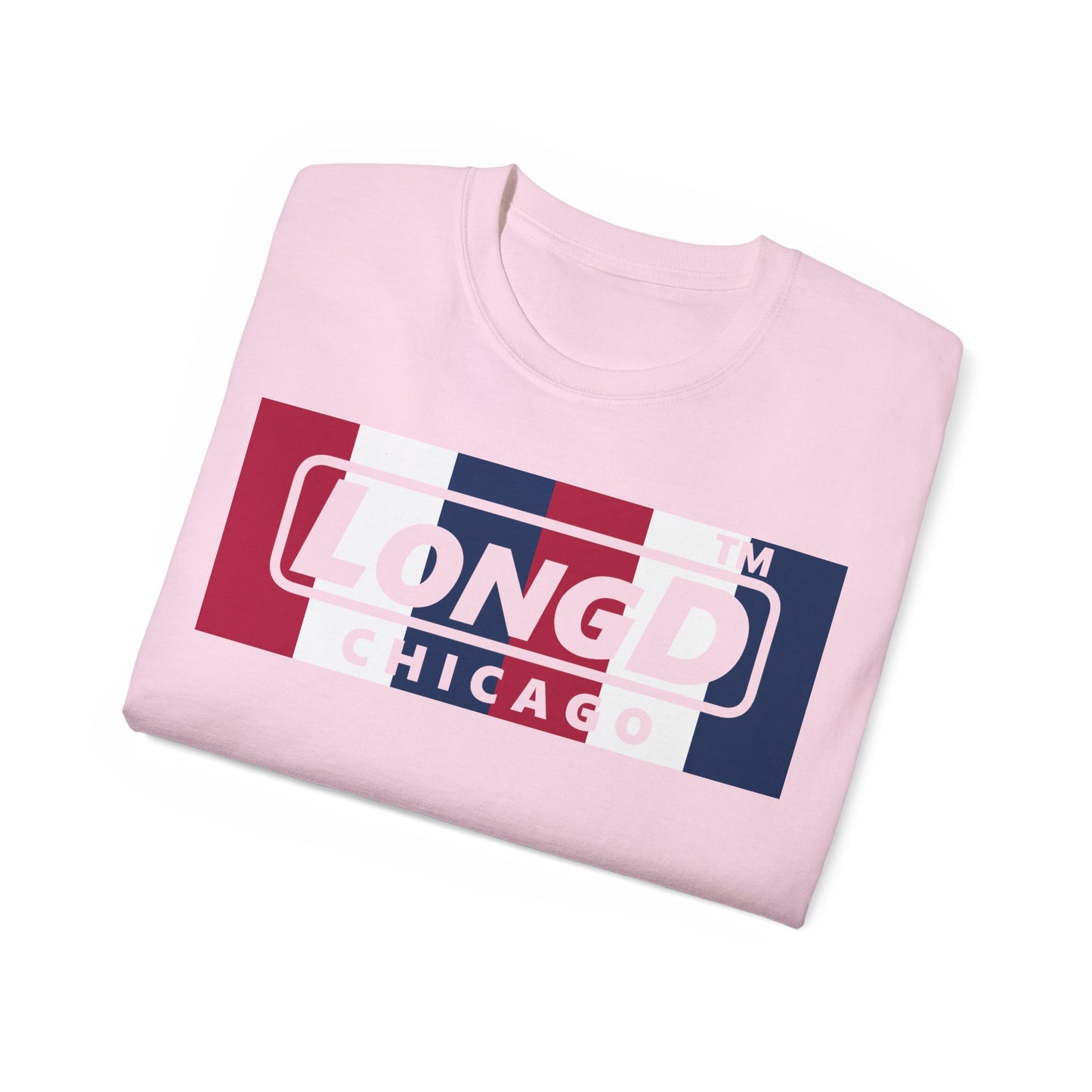 LongD negative vertical 6-striped Chicago logo cotton tee (patriotic colors)