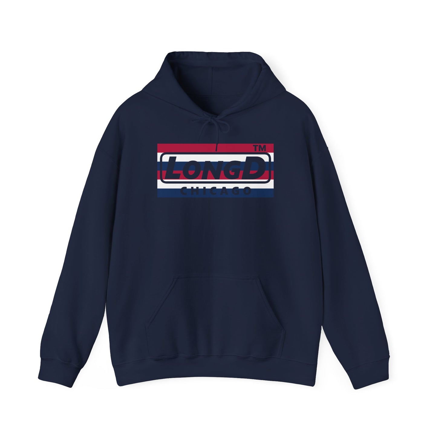 LongD® negative horizontal 6-striped Chicago logo hoodie (patriotic colors)