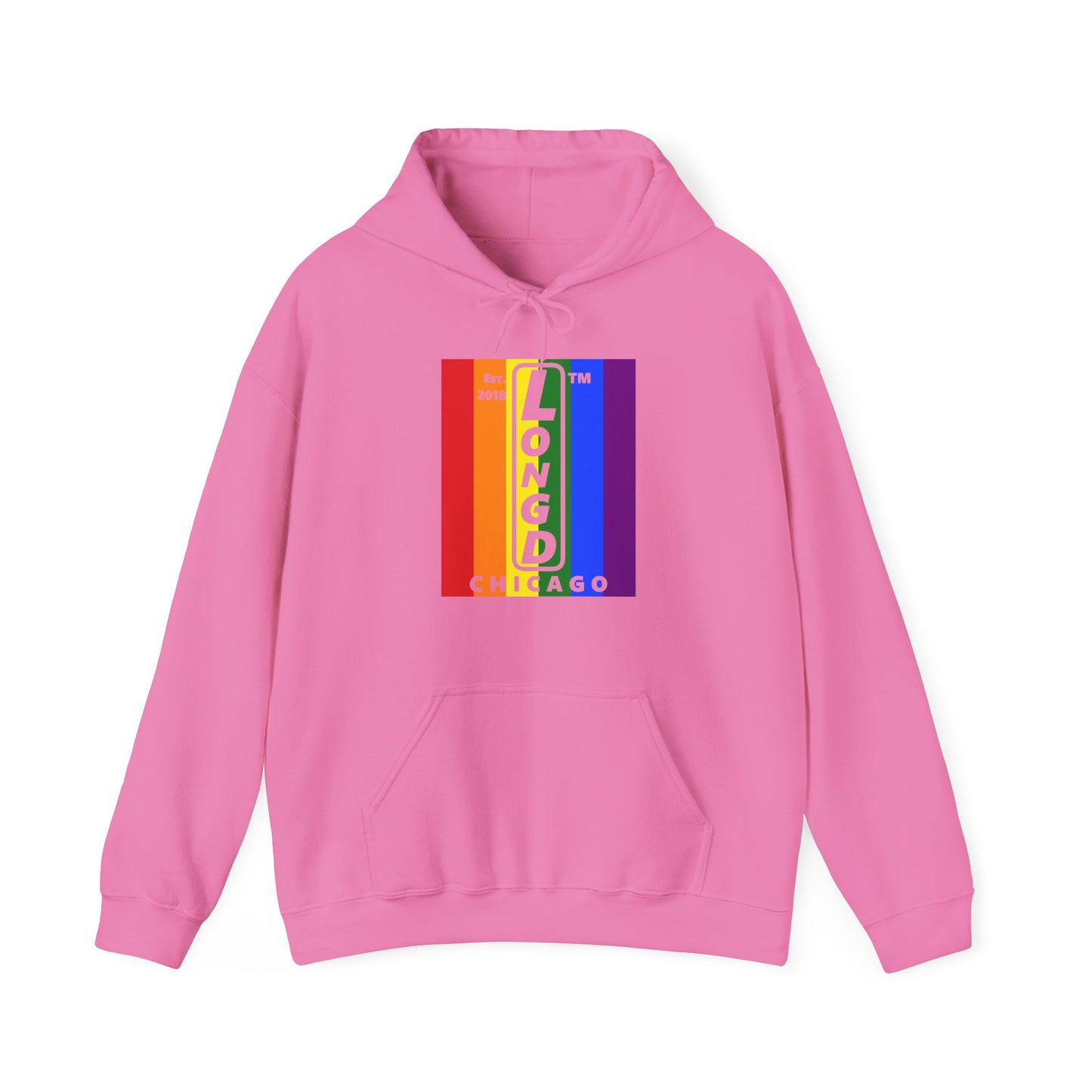 LongD® negative vertical 6-striped upright Chicago logo hoodie (Pride colors)