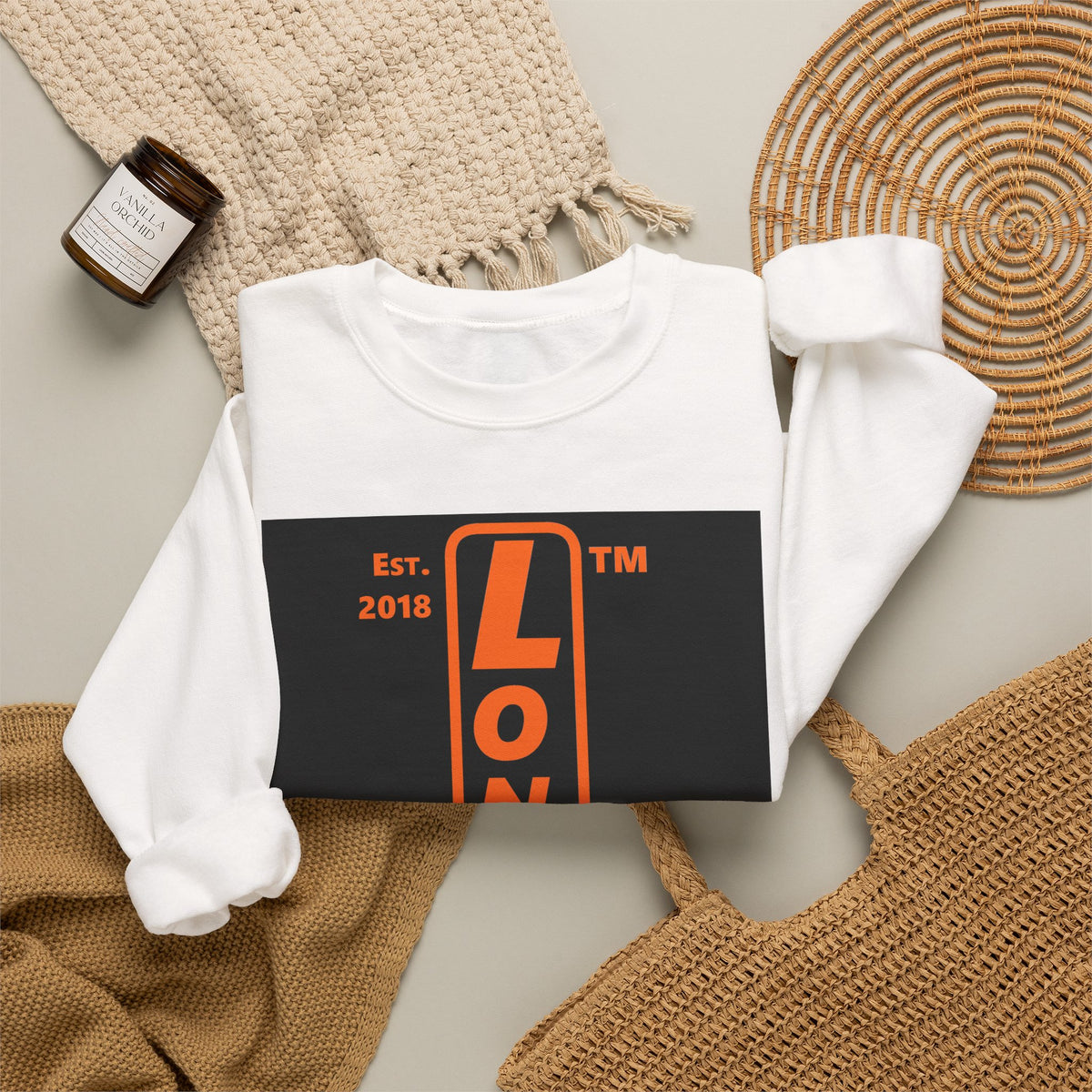 LongD Chicago upright front-back logo orange (FE7518) on Black (000000) crewneck sweatshirt