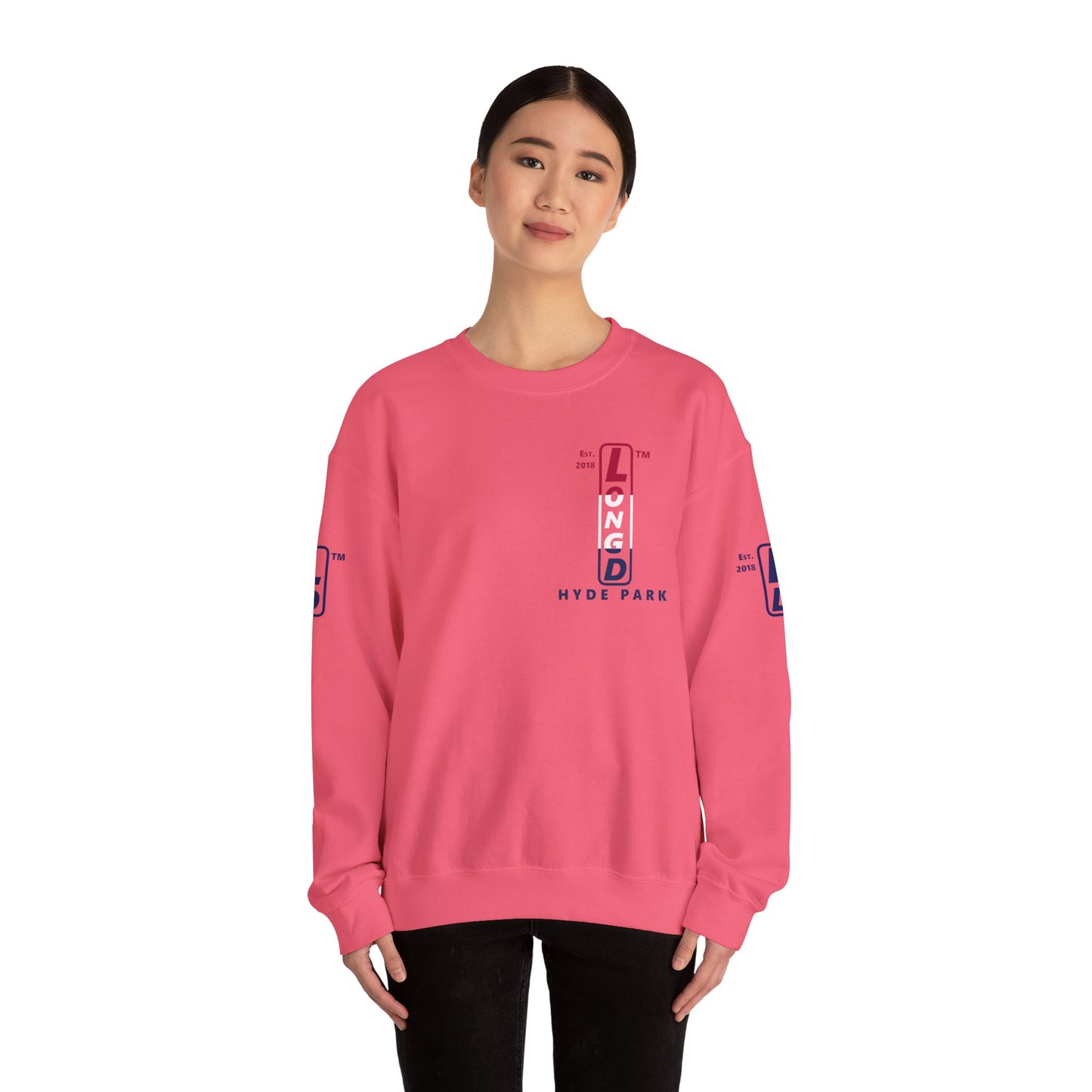 LongD positive horizontal 3-striped Hyde Park upright 4-print single-breasted logo crewneck sweatshirt (patriotic colors)