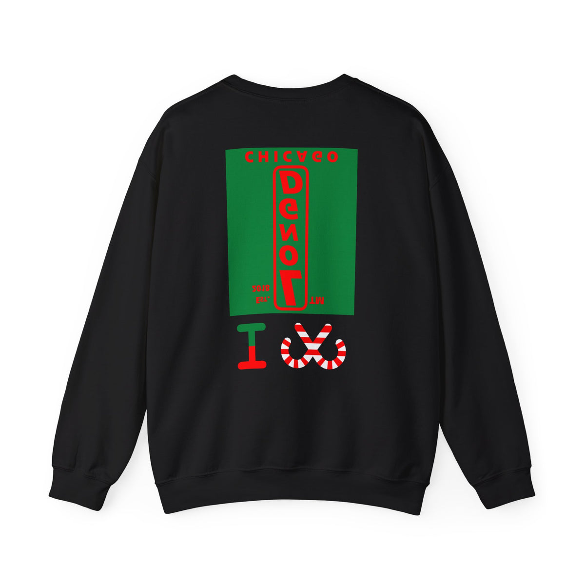 I candy cane LongD Chicago upright front-back logo positive red on negative green crewneck sweatshirt