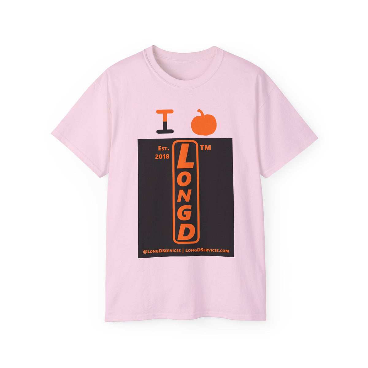 I pumpkin LongD Tag-domain upright logo positive orange on negative black cotton tee