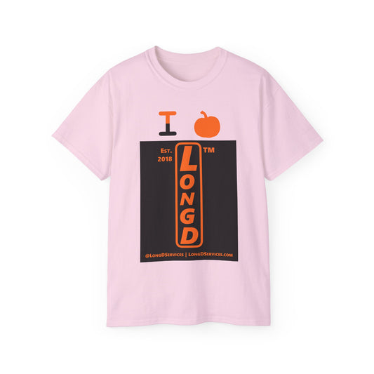 I pumpkin LongD Tag-domain upright logo positive orange on negative black cotton tee