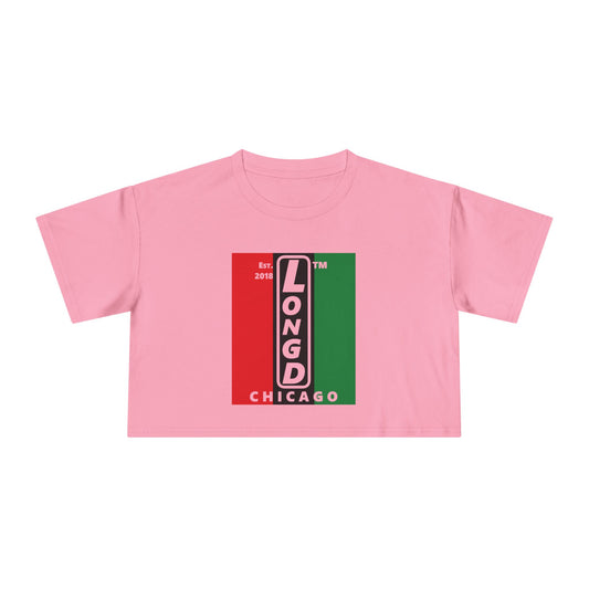 Negative vertical 3-striped upright front-back Chicago logo crop tee (Juneteenth colors)