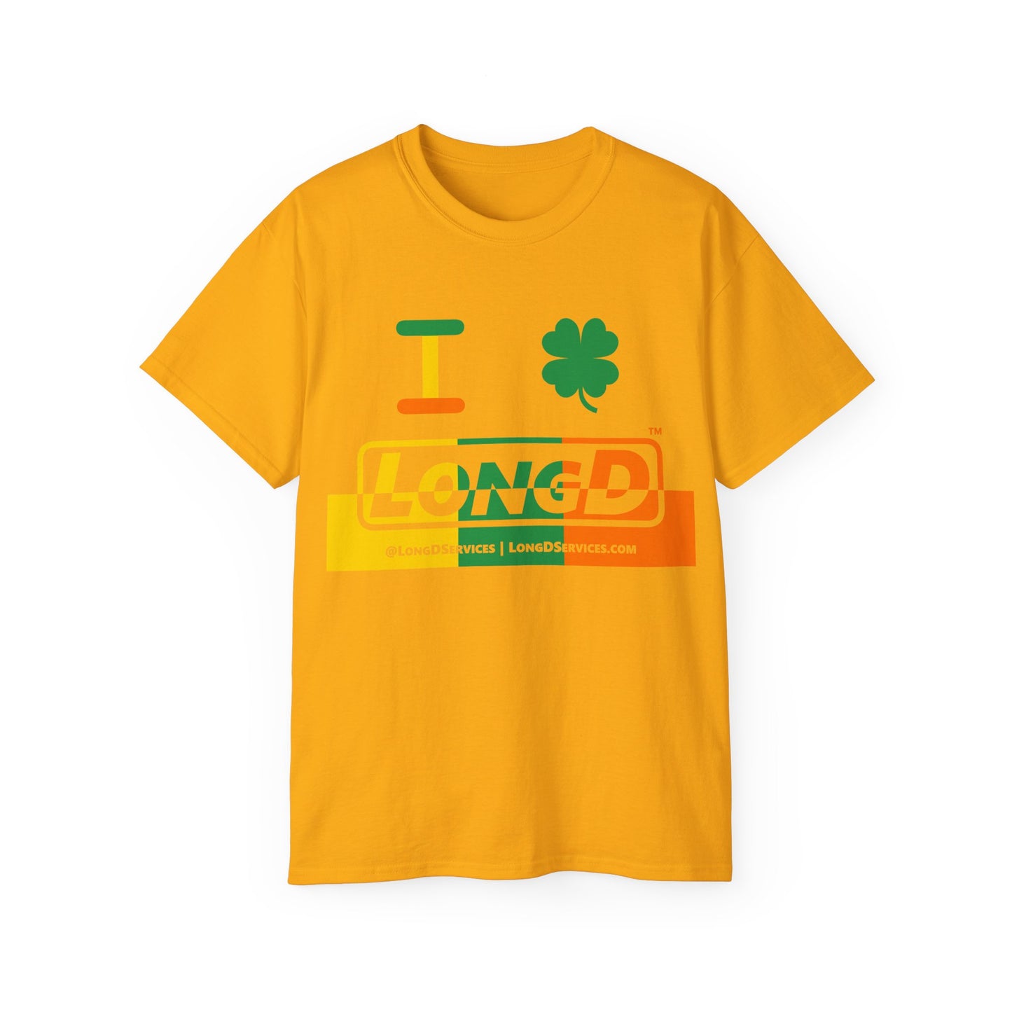 I Clover LongD® Logo Cotton Tee (St. Patrick's Day -Irish Green, Golden Yellow and Irish Orange thirds top-bottom positive-negative split with 4-leaf clover)