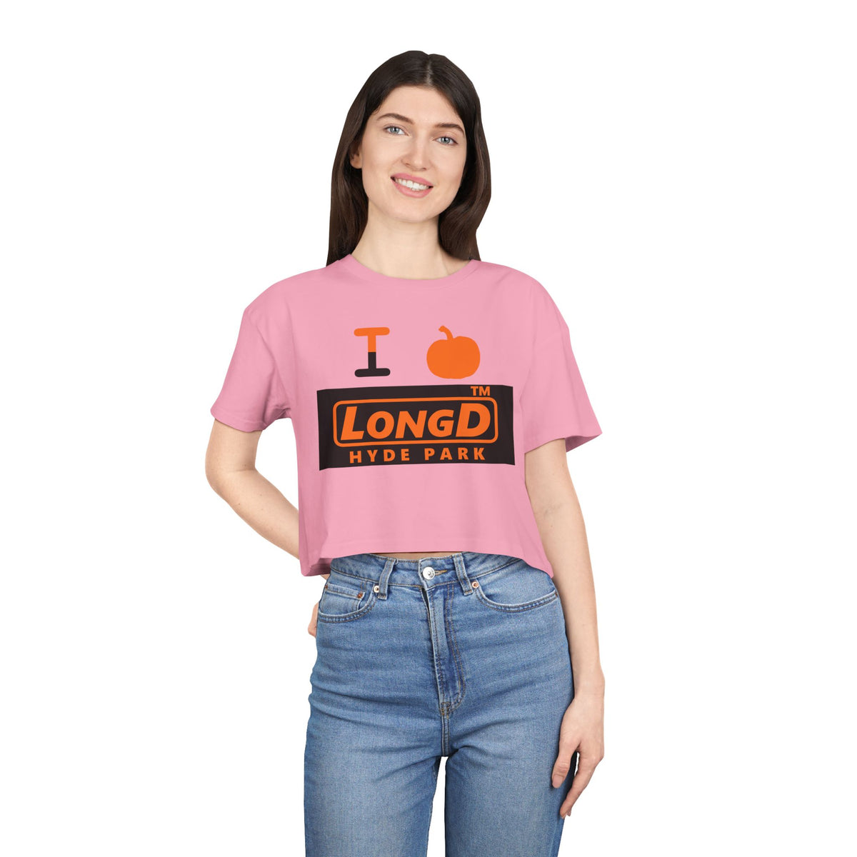 I pumpkin LongD Hyde Park logo positive orange on negative black crop tee