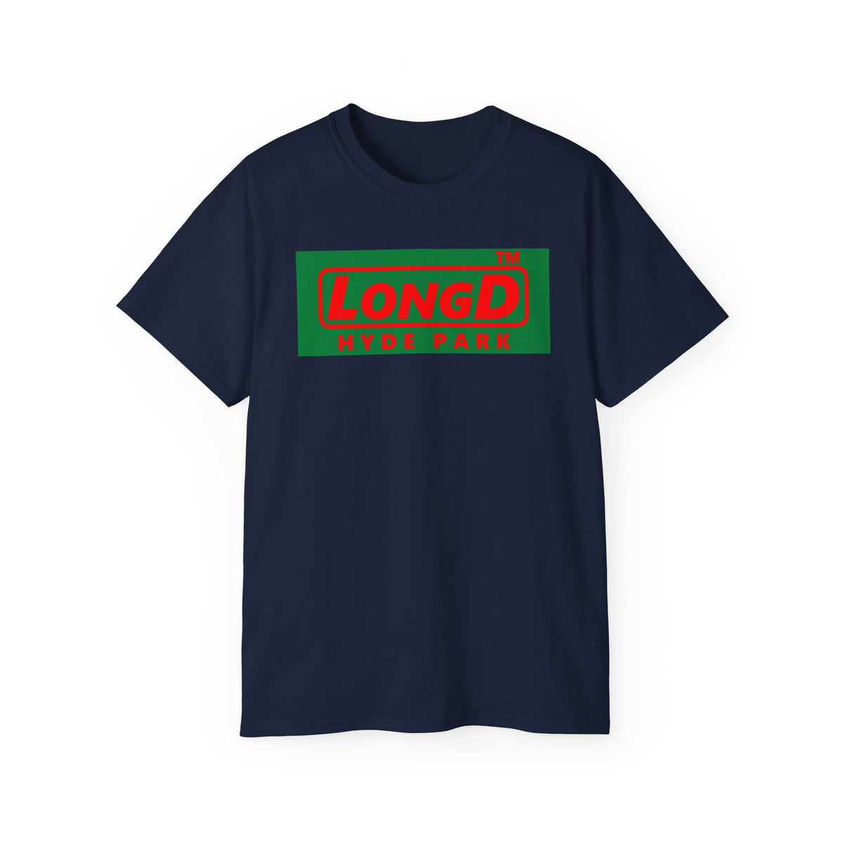 LongD Hyde Park logo positive red on negative green (Xmas colors) cotton tee