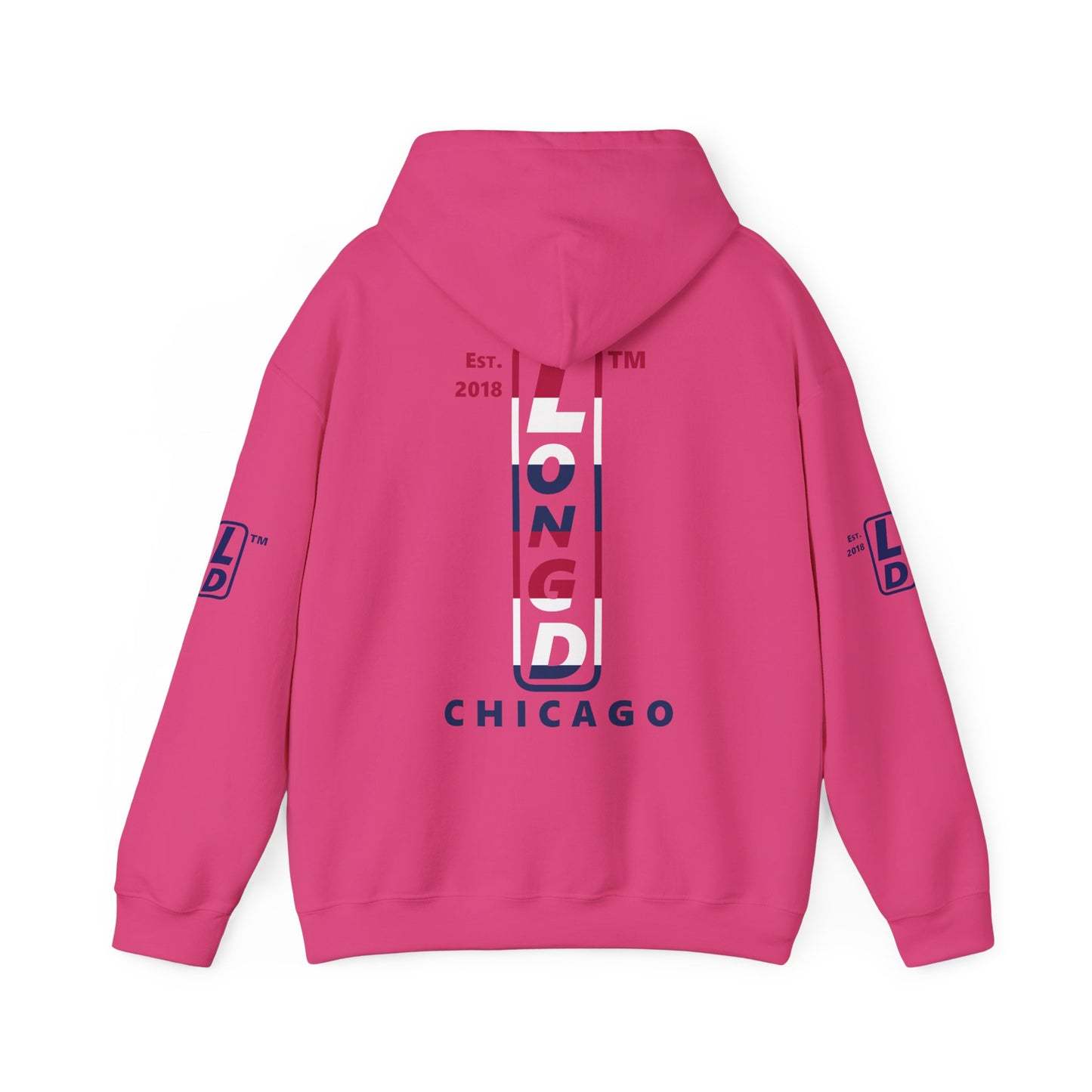 LongD® positive horizontal 6-striped Chicago 4-print upright logo hoodie (patriotic colors)