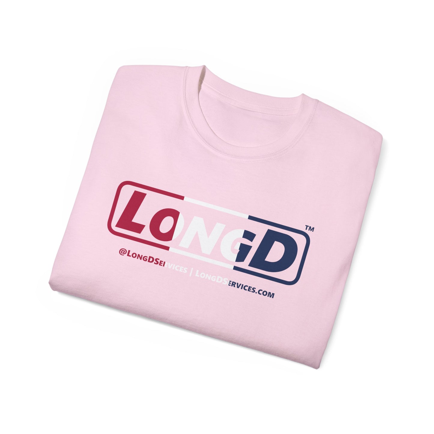 LongD® Logo Cotton Tee Red, White and Blue positive thirds text