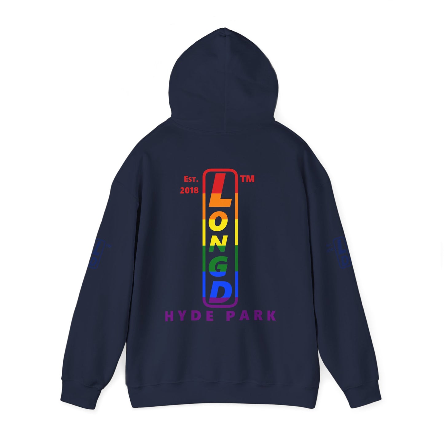 LongD® positive horizontal 6-striped Hyde Park 4-print upright logo hoodie (Pride colors)