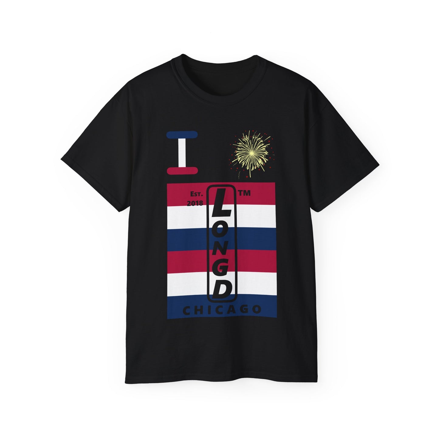 I Burst LongD cotton tee negative horizontal 6-striped Chicago upright logo (Patriotic colors)