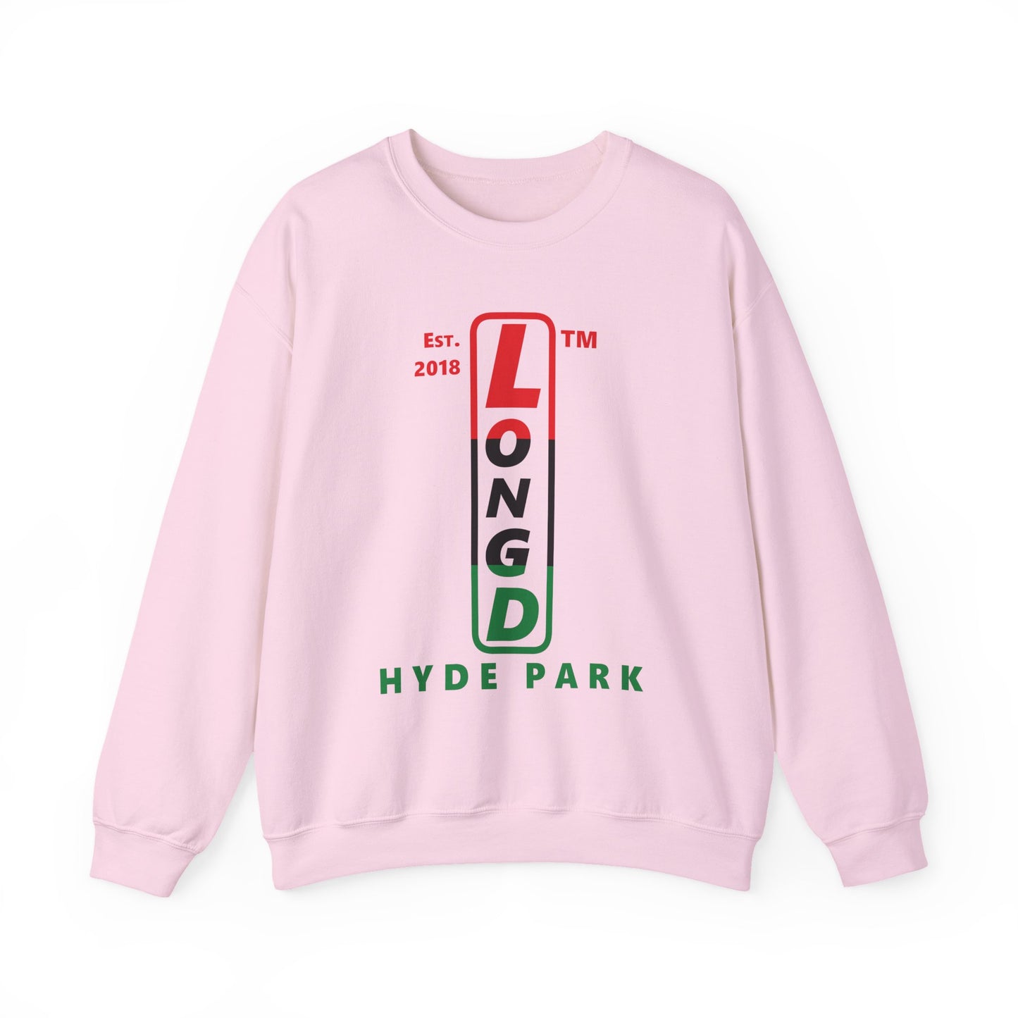 LongD positive horizontal 3-striped Hyde Park upright logo crewneck sweatshirt (Juneteenth colors)