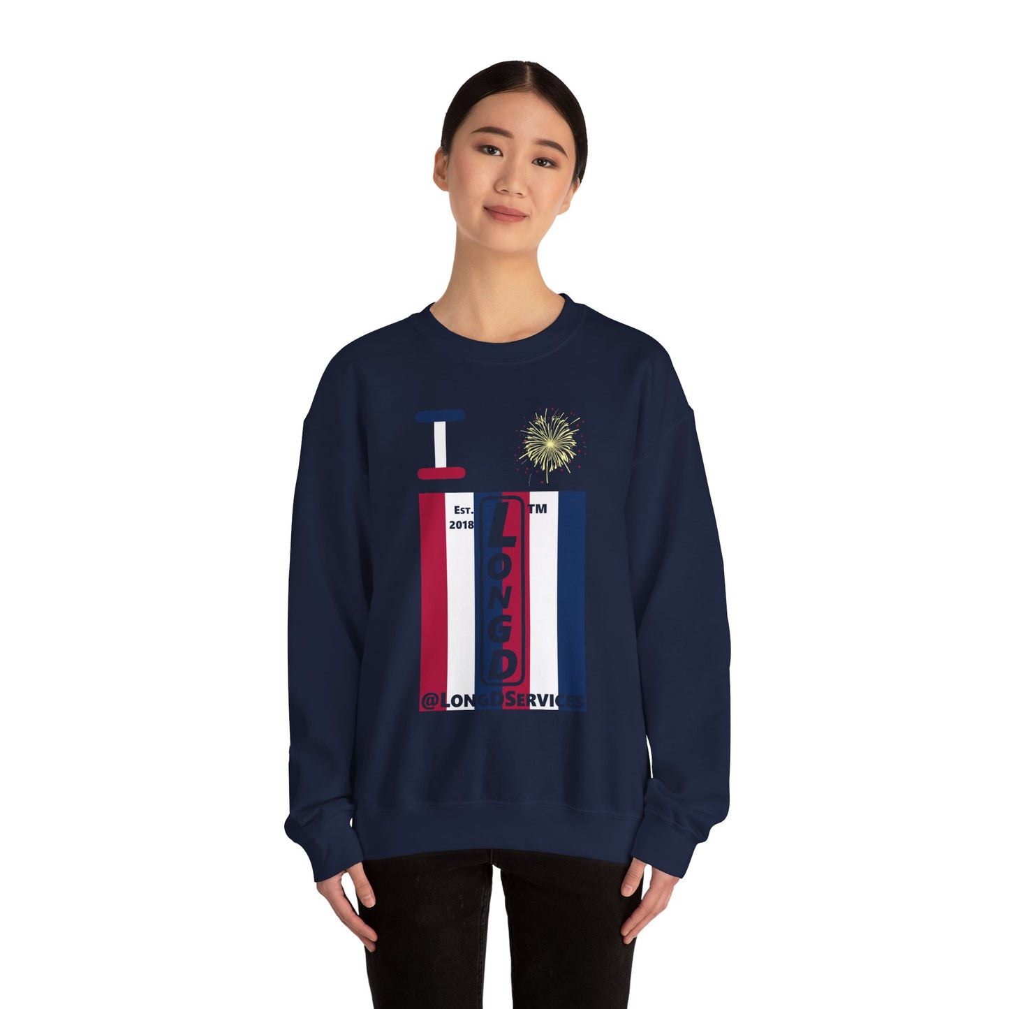 I Burst LongD negative vertical 6-striped tag upright logo crewneck sweatshirt
