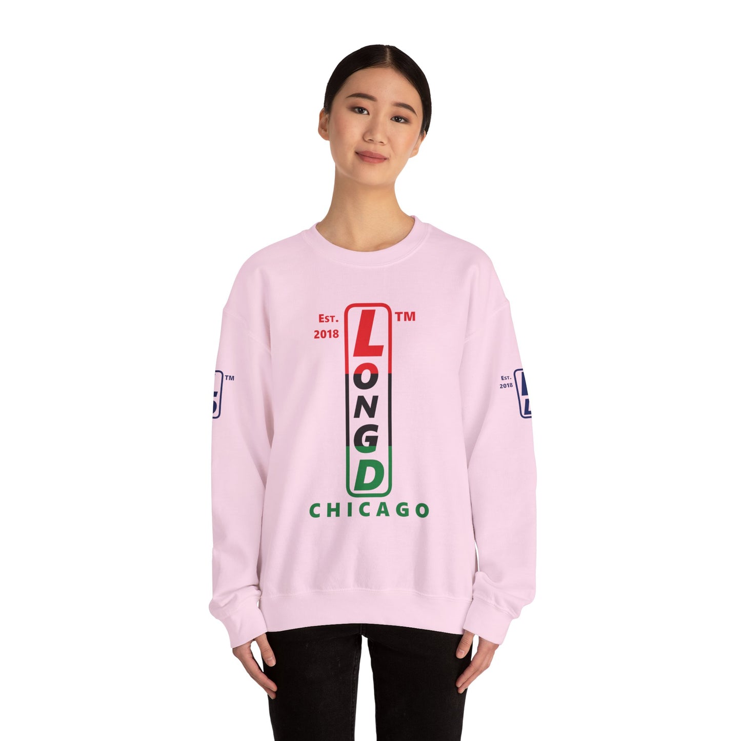 LongD positive horizontal 3-striped Chicago 4-print upright logo crewneck sweatshirt (Juneteenth colors)