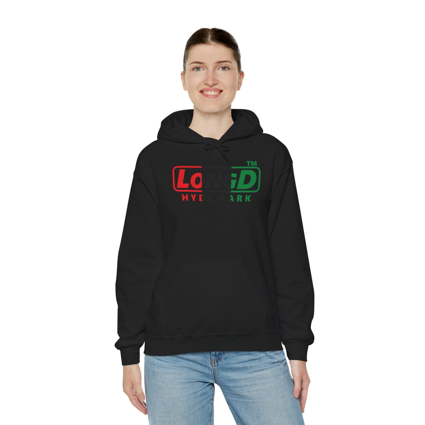 LongD® positive vertical 3-striped Hyde Park logo Hoodie (Juneteenth colors)