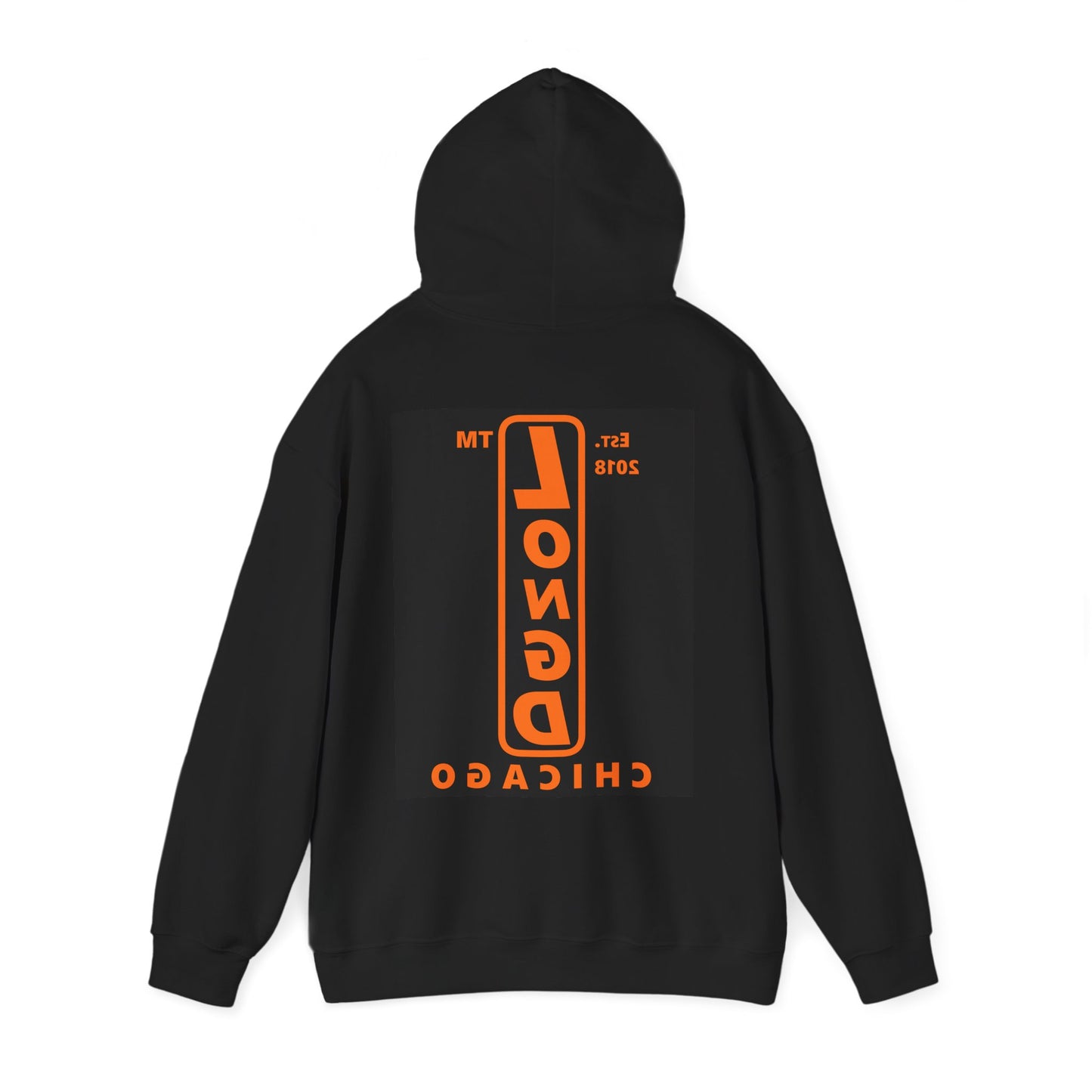 LongD Chicago upright front-back logo orange (FE7518) on Black (000000) hoodie