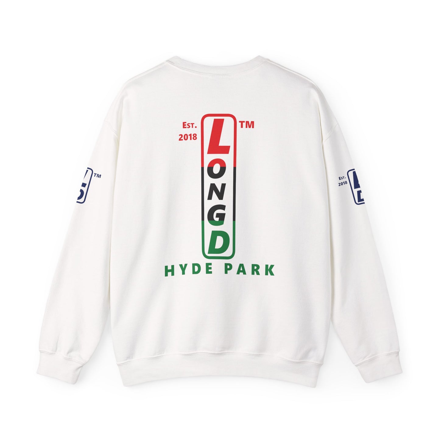 I Fist LongD positive horizontal 6-striped Hyde Park upright 4-print logo crewneck sweatshirt