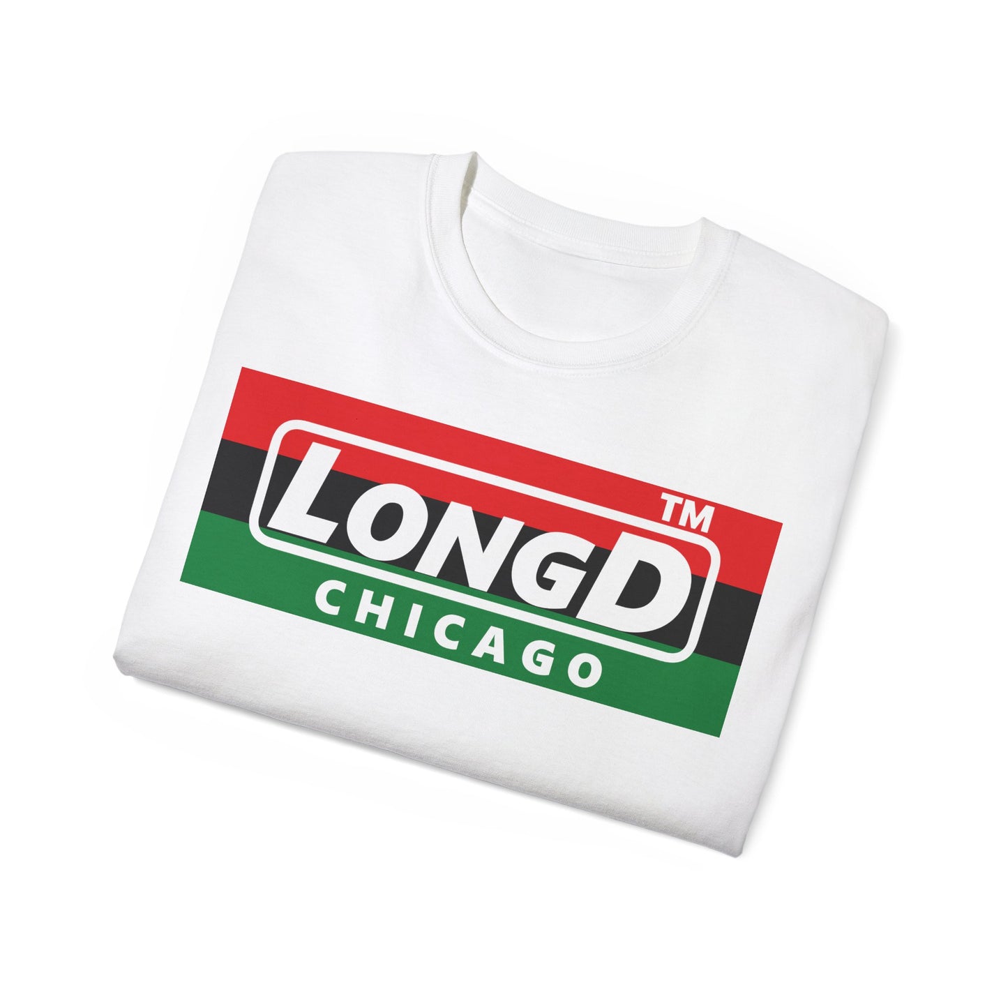 LongD negative horizontal 3-striped Chicago logo cotton tee (Juneteenth colors)