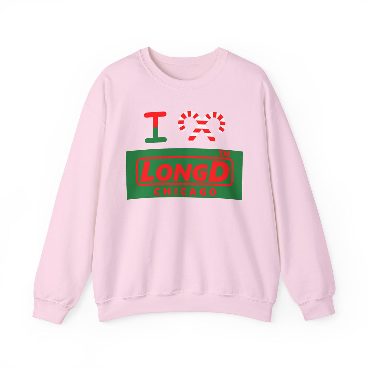 I candy cane LongD Chicago logo positive red on negative green crewneck sweatshirt