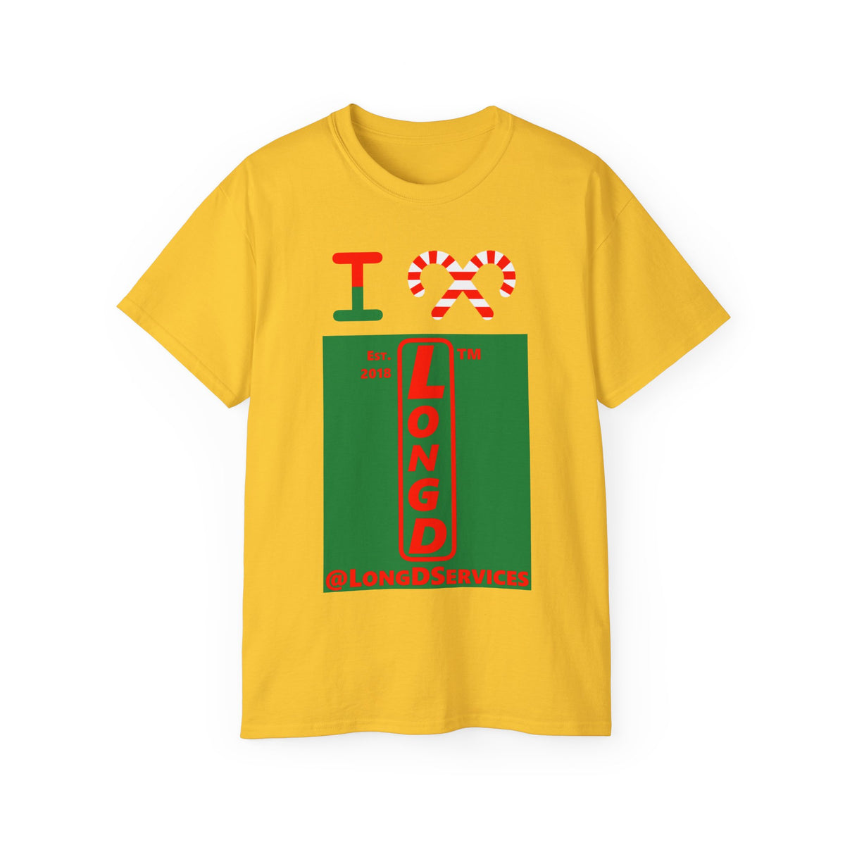 I candy cane LongD Tag upright front-back logo positive red on negative green cotton tee