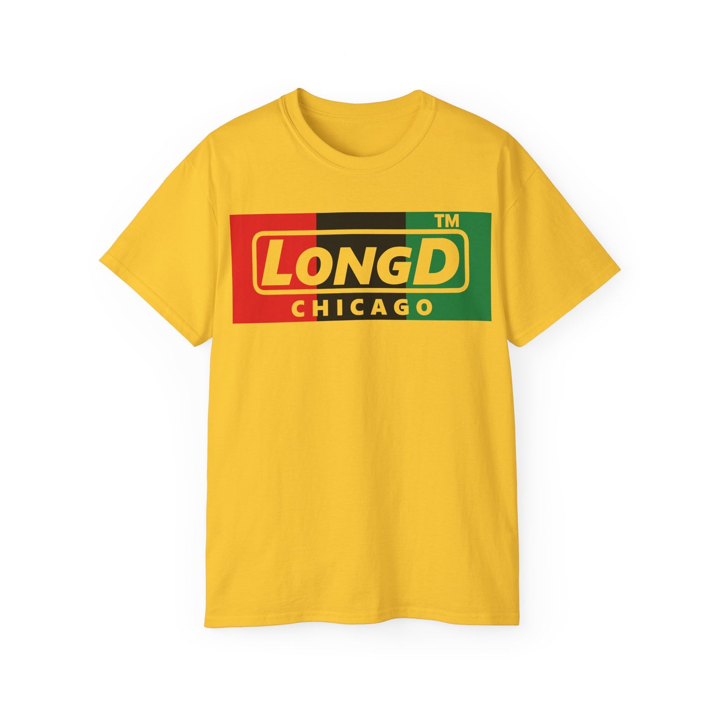 LongD negative vertical 3-striped Chicago logo cotton tee (Juneteenth colors)
