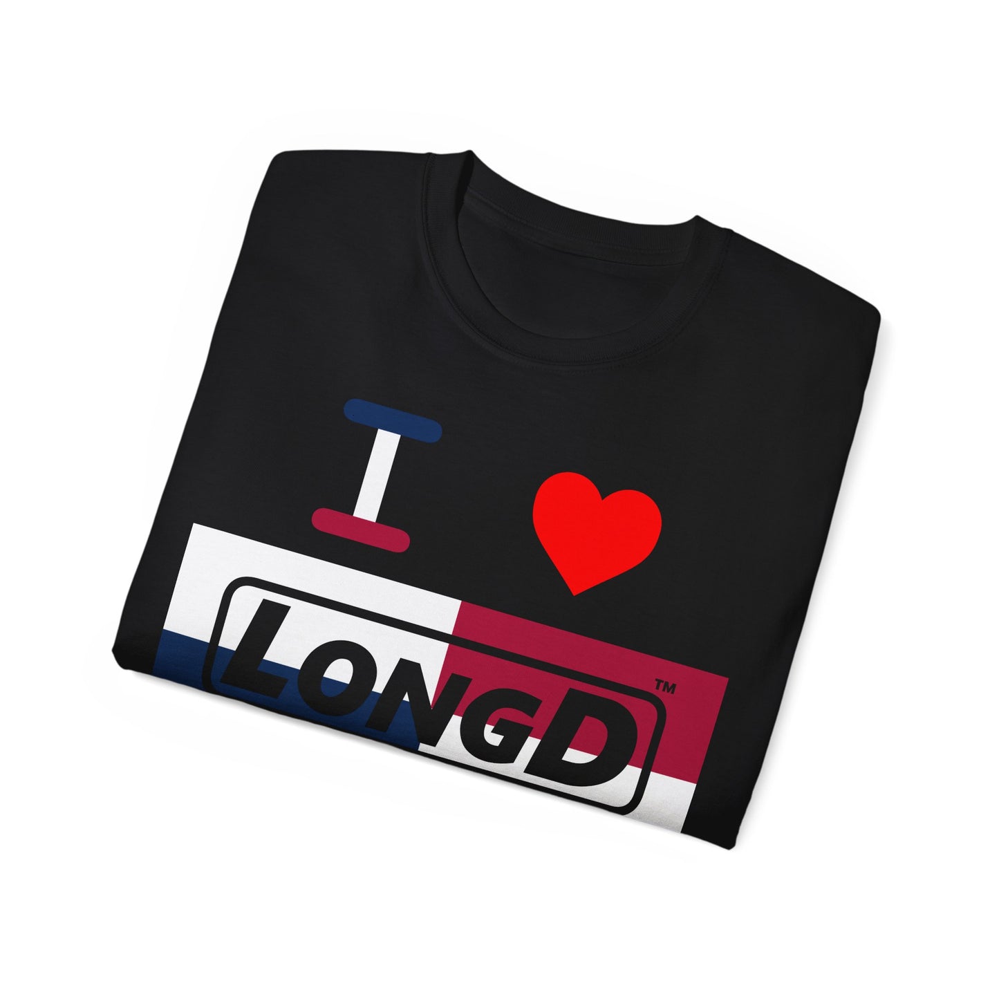 I Luv LongD® Logo Cotton Tee Red, White and Blue negative quarters text