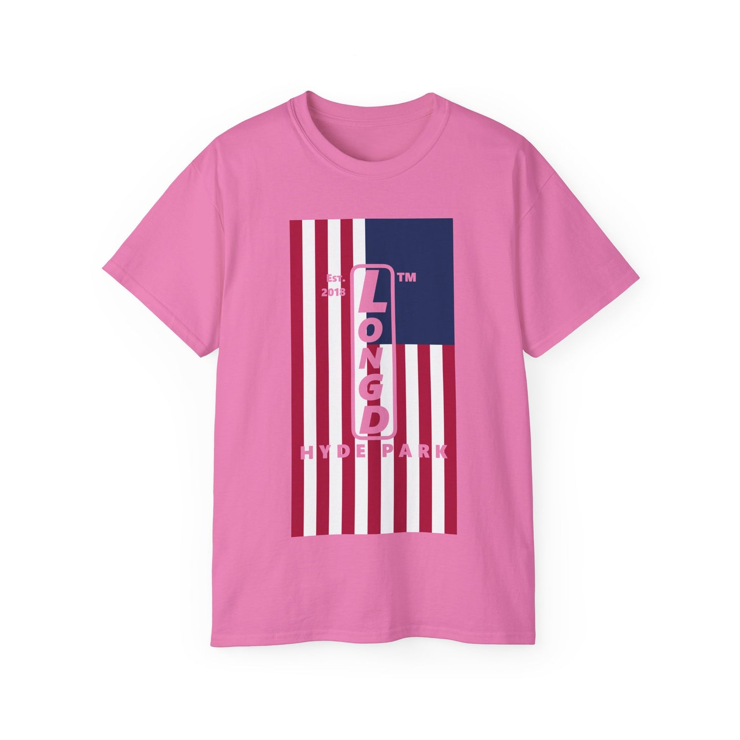 LongD cotton tee negative flag Hyde Park upright logo (Patriotic colors)