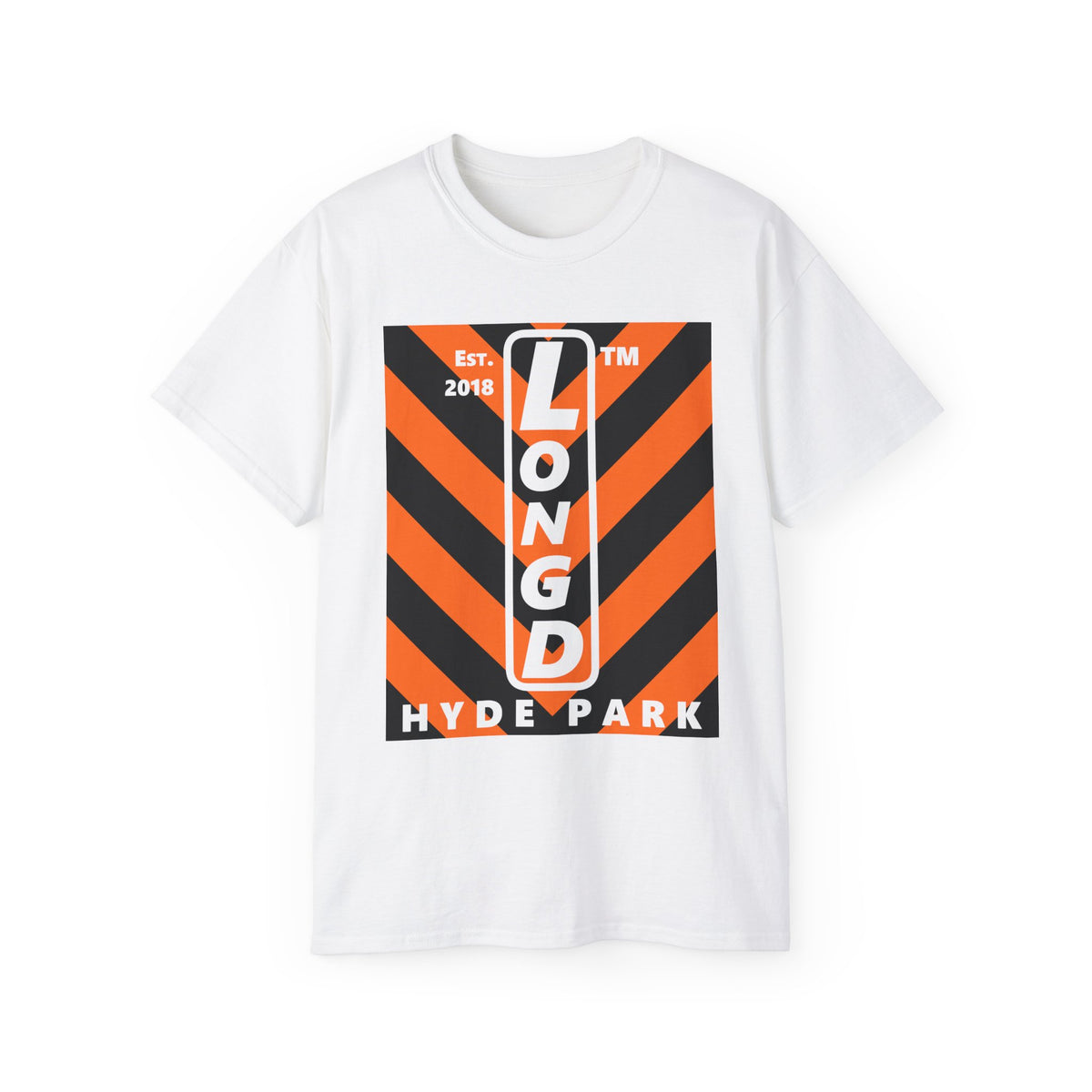 LongD Hyde Park negative upright downward chevron logo (Halloween colors) cotton tee