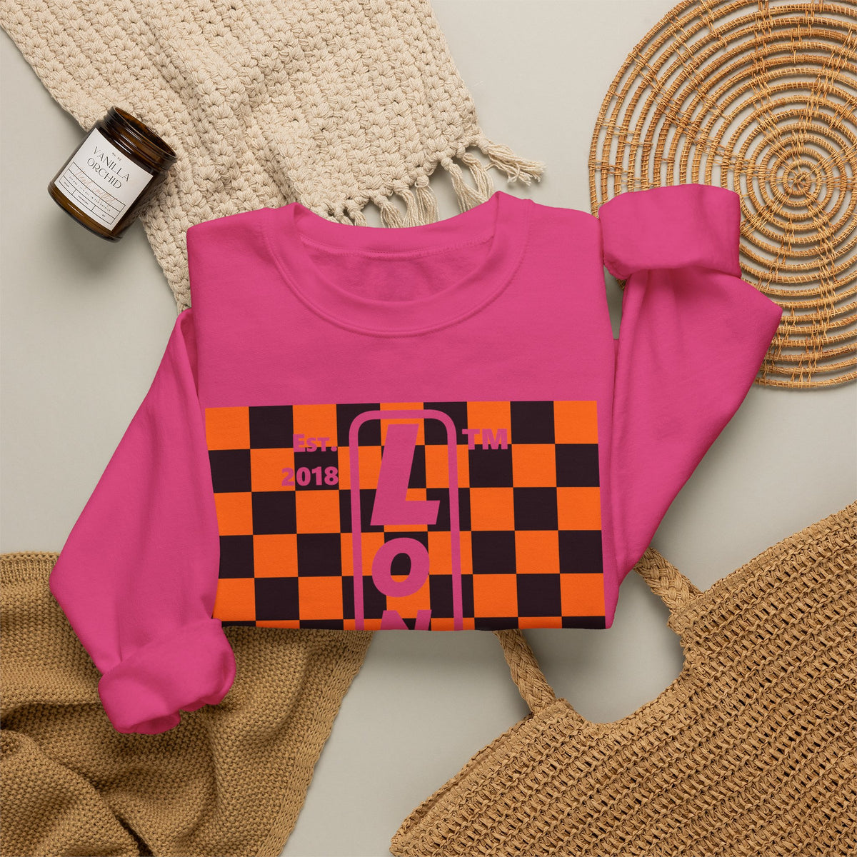 LongD Hyde Park negative upright checkered logo (Halloween colors) crewneck sweatshirt
