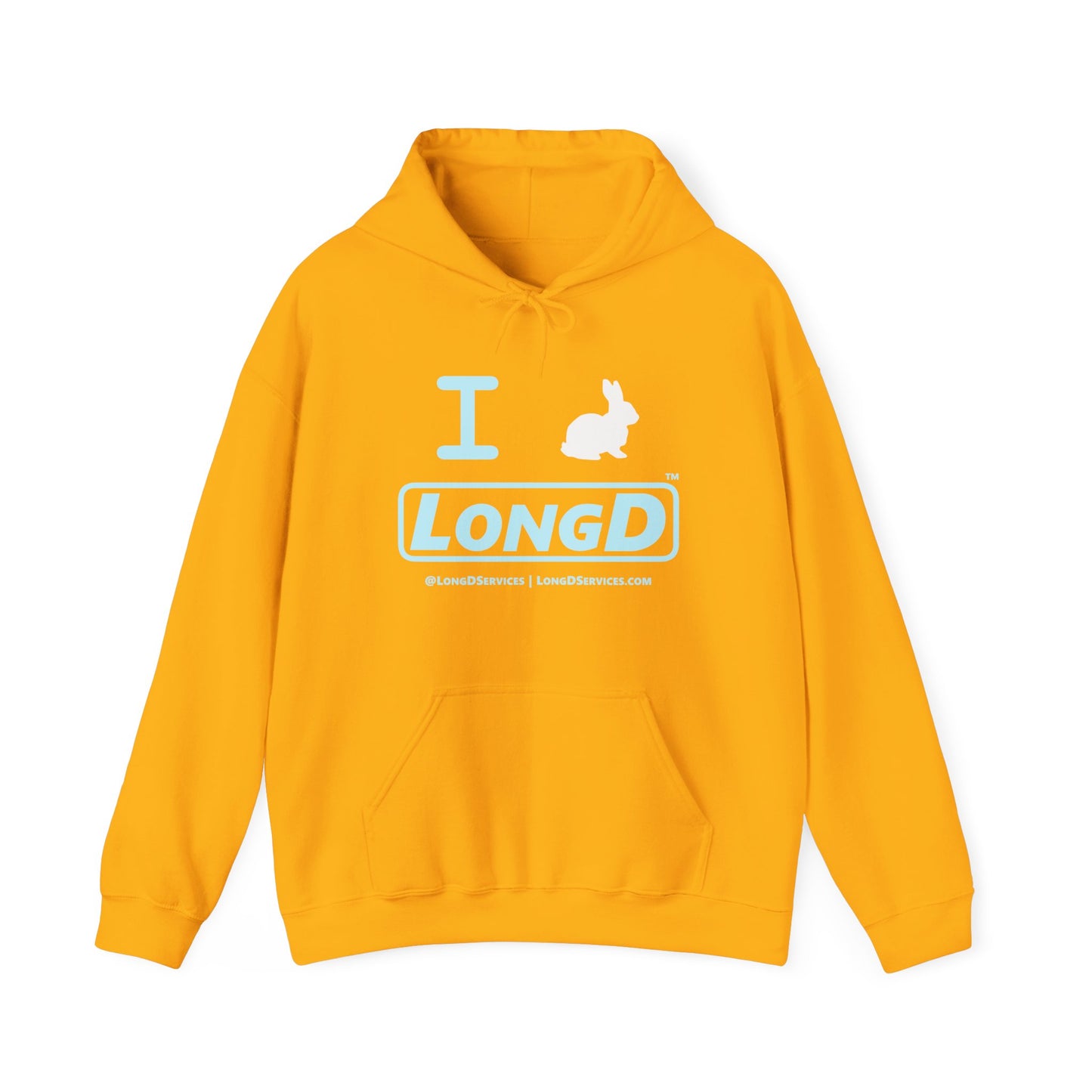 I Bunny LongD® Logo Hoodie Pastel blue text (White Easter Bunny)