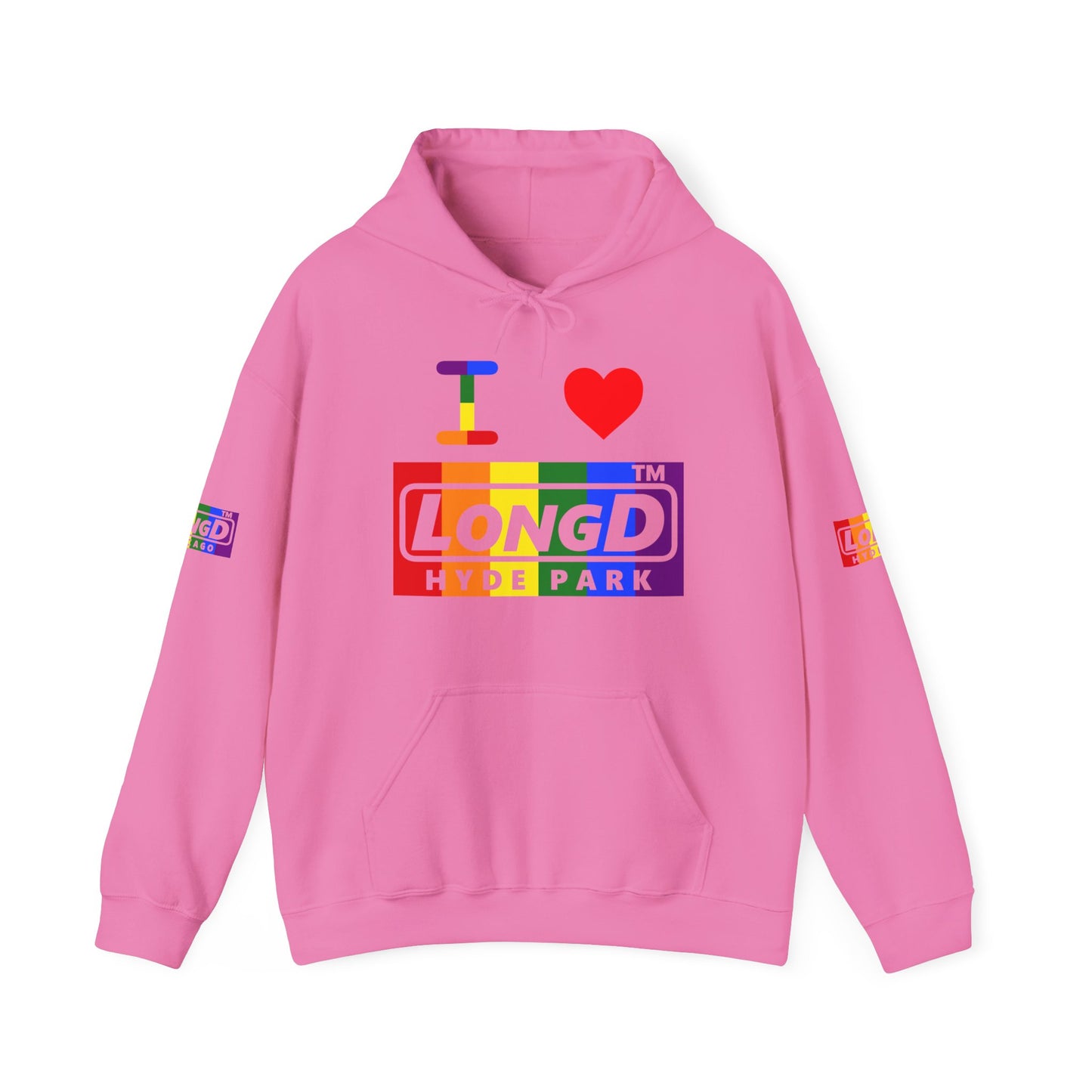 I Luv LongD® negative vertical striped 4-print Hyde Park logo hoodie (Pride colors)